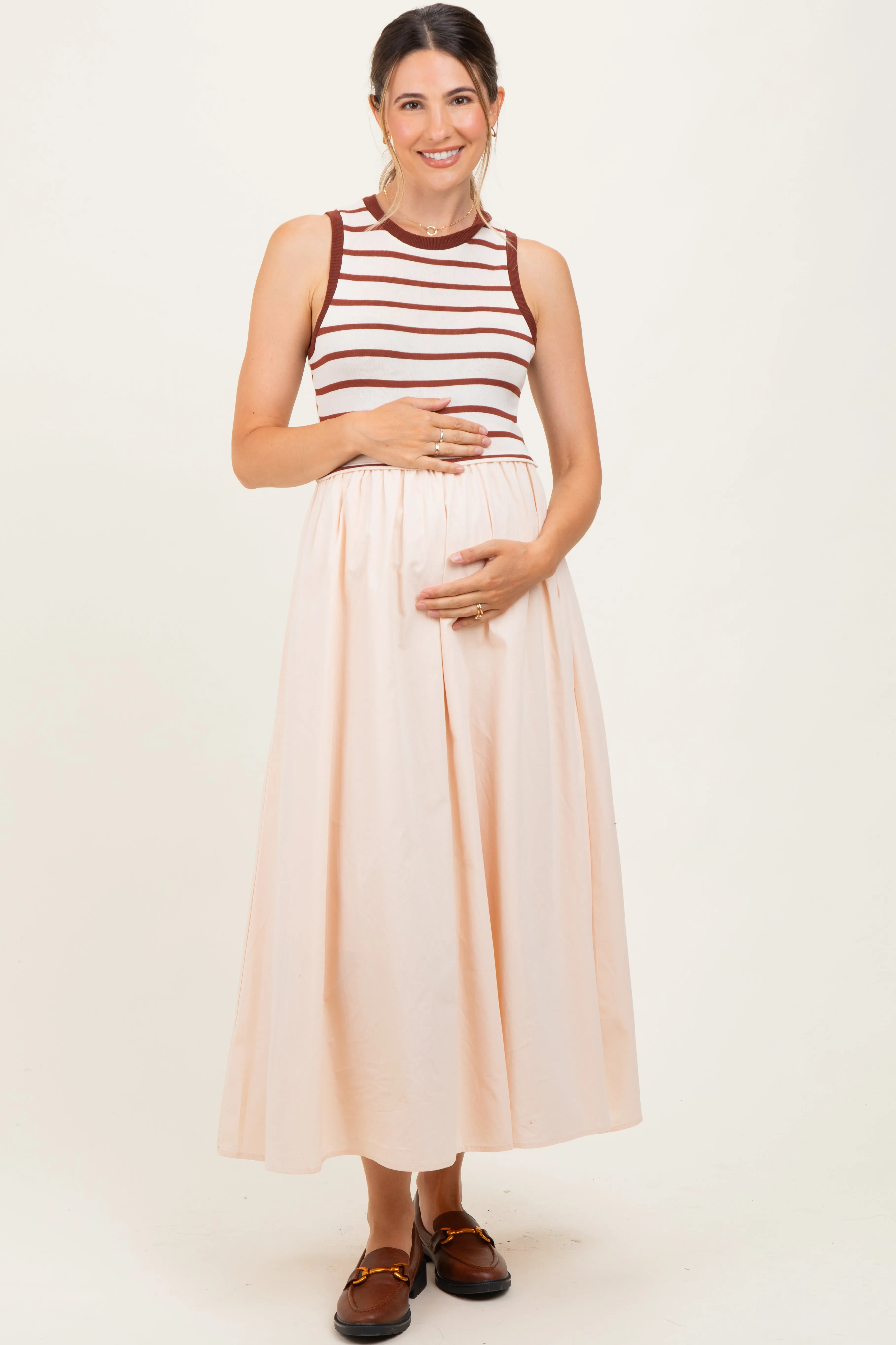Cream Contrast Striped Bodice Sleeveless Maternity Maxi Dress sold by Pinkblush product image thumbnail 2