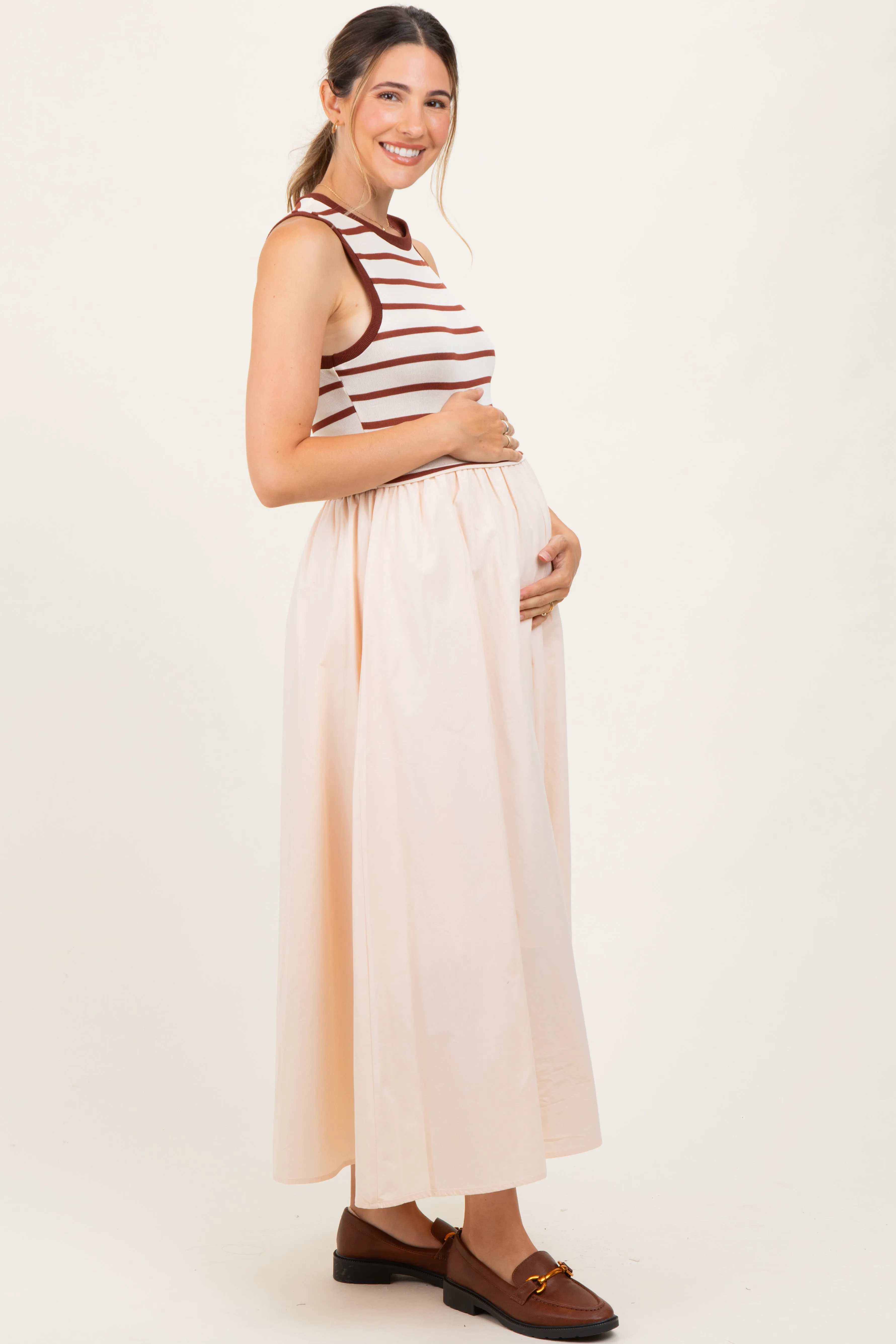 Cream Contrast Striped Bodice Sleeveless Maternity Maxi Dress sold by Pinkblush product image thumbnail 3