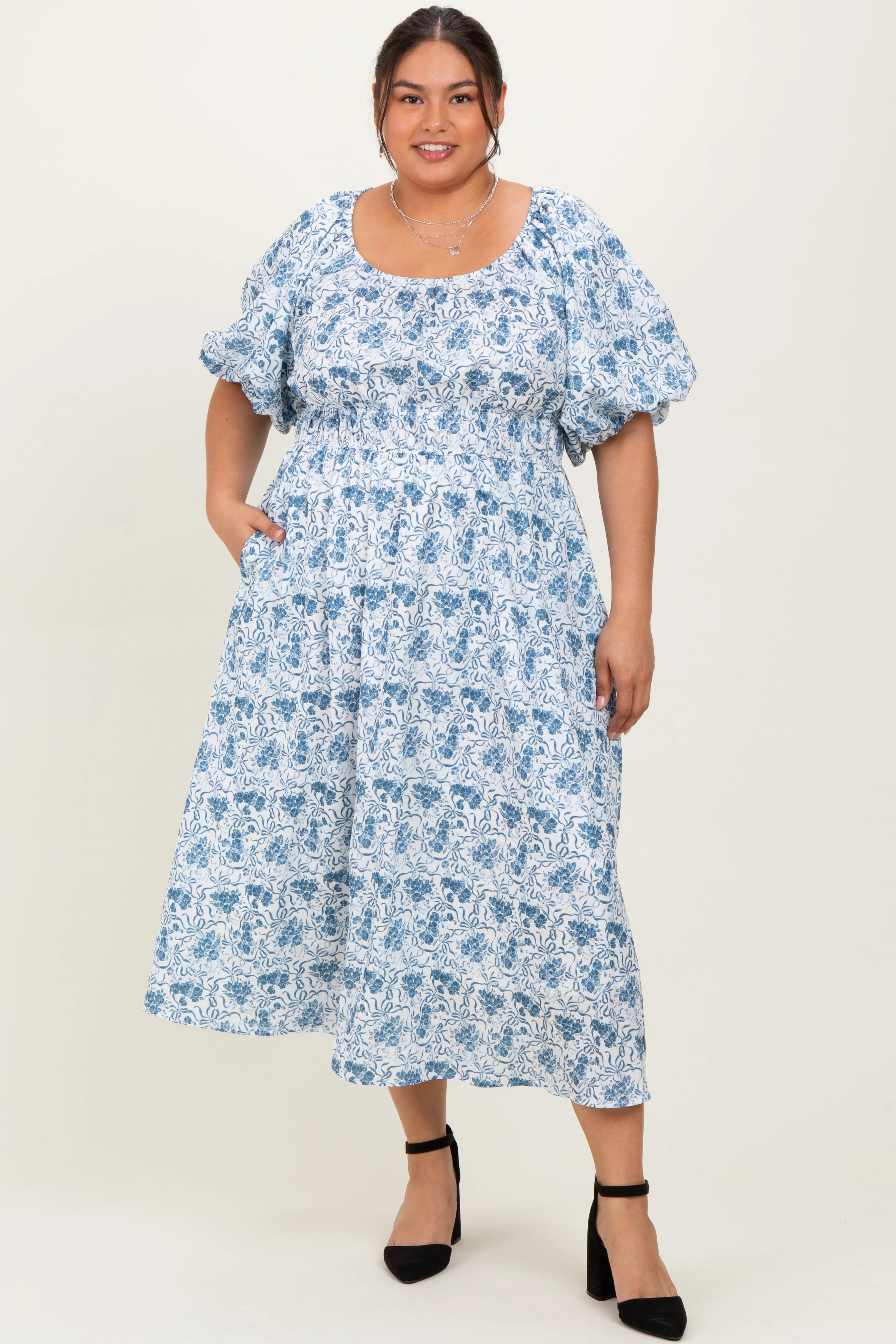 Blue Multi Printed Floral Bubble Sleeve Plus Maxi Dress sold by Pinkblush