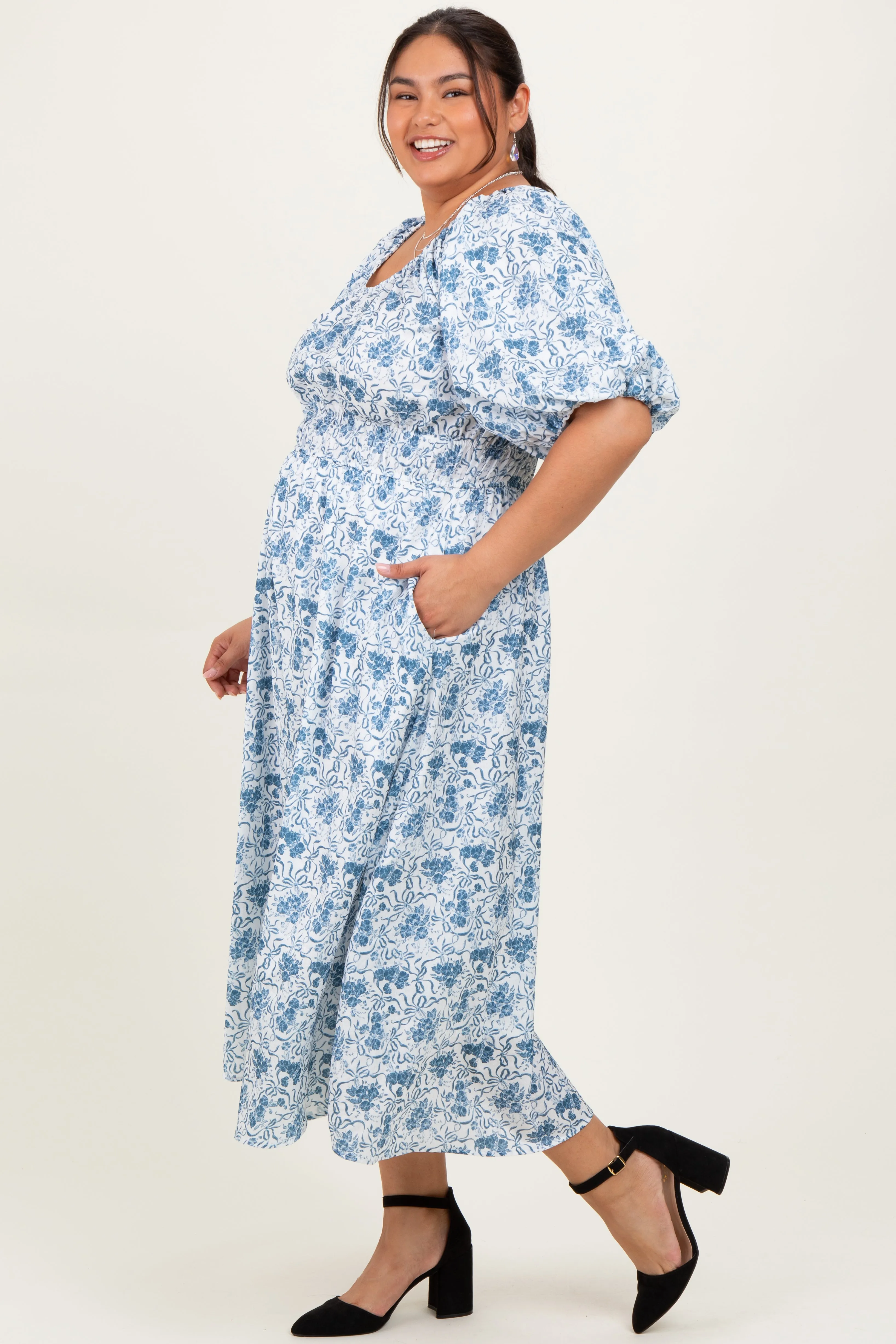 Blue Multi Printed Floral Bubble Sleeve Plus Maxi Dress sold by Pinkblush product image thumbnail 2