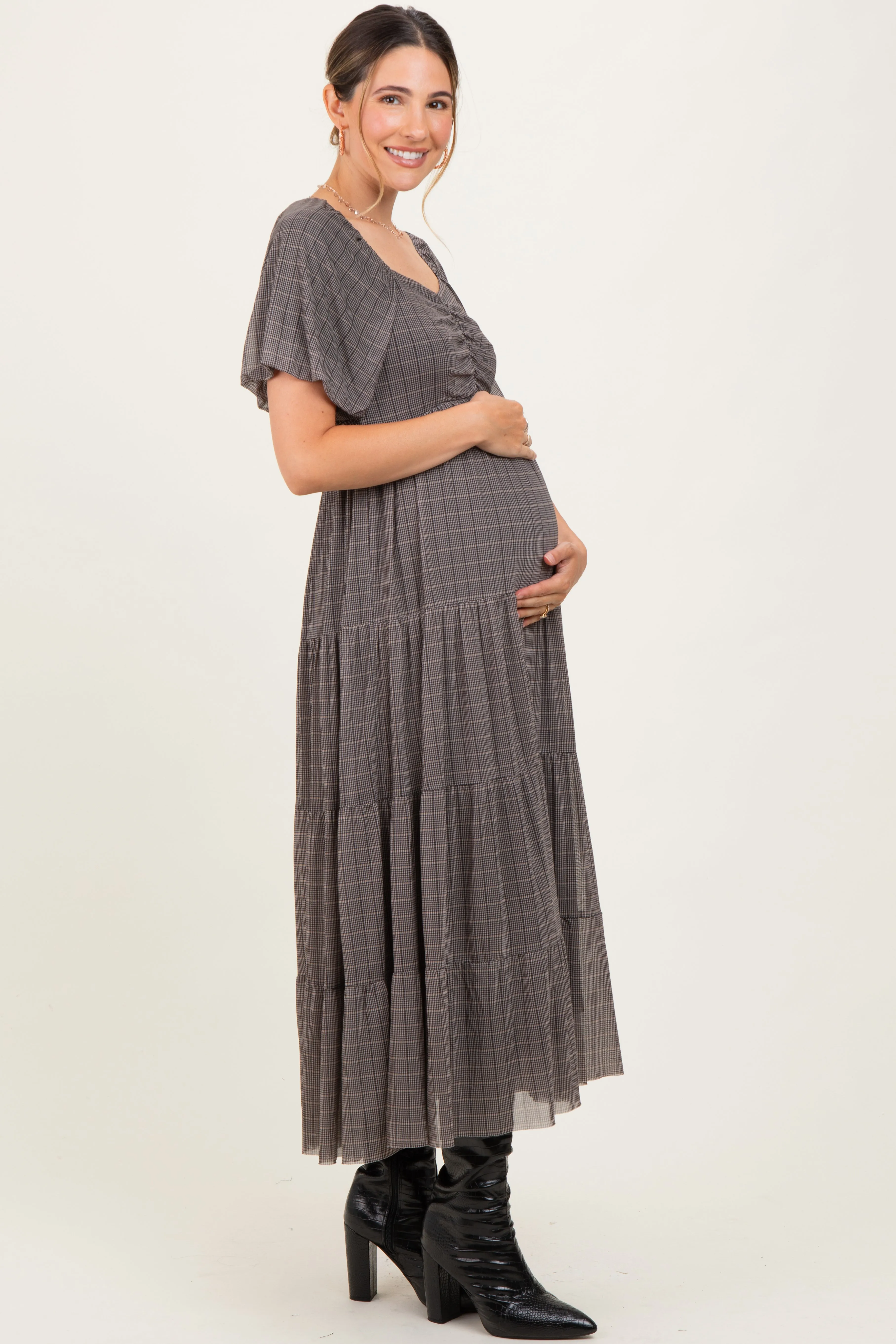 Black Plaid Mesh Tiered Maternity Maxi Dress sold by Pinkblush product image thumbnail 2
