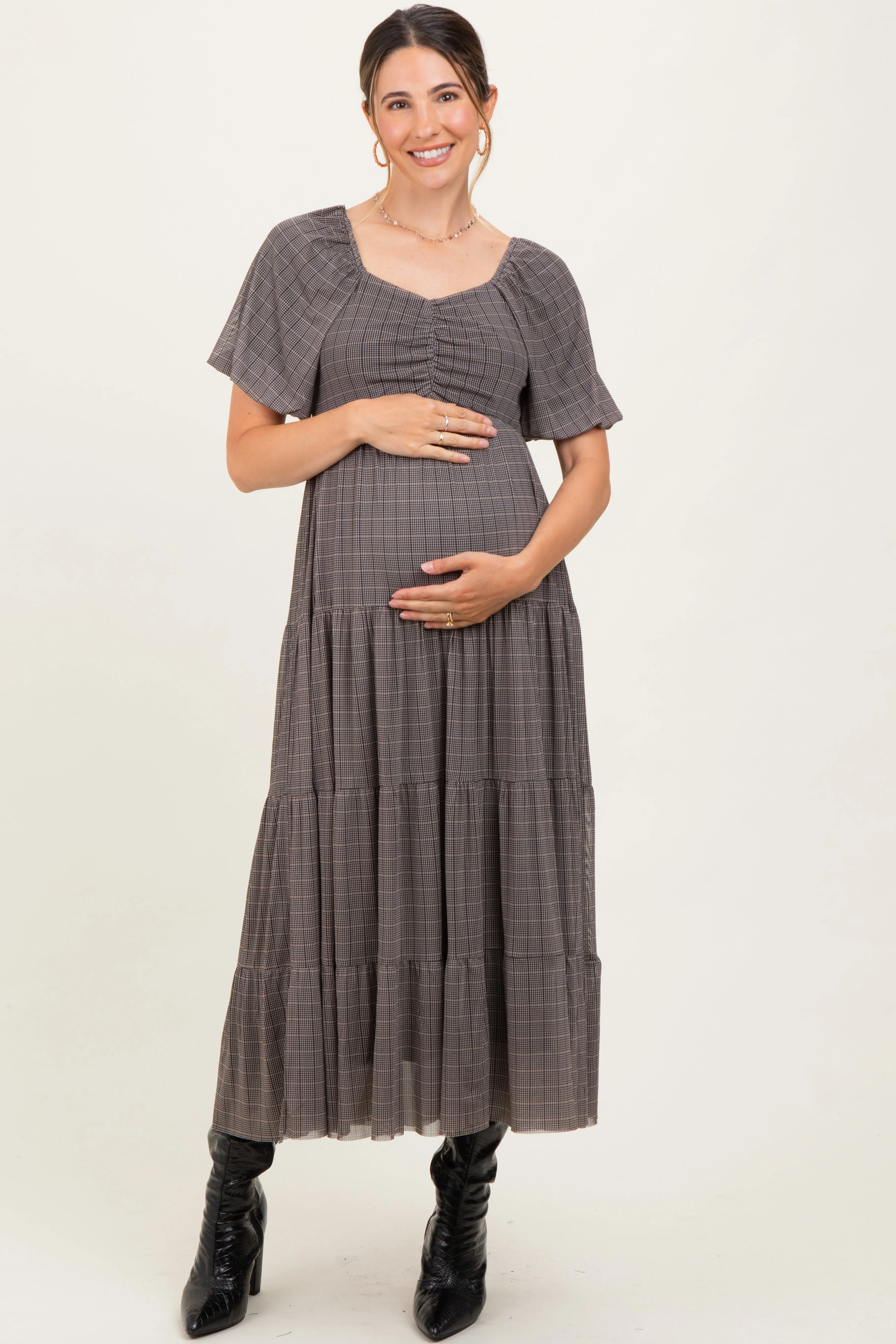 Black Plaid Mesh Tiered Maternity Maxi Dress sold by Pinkblush