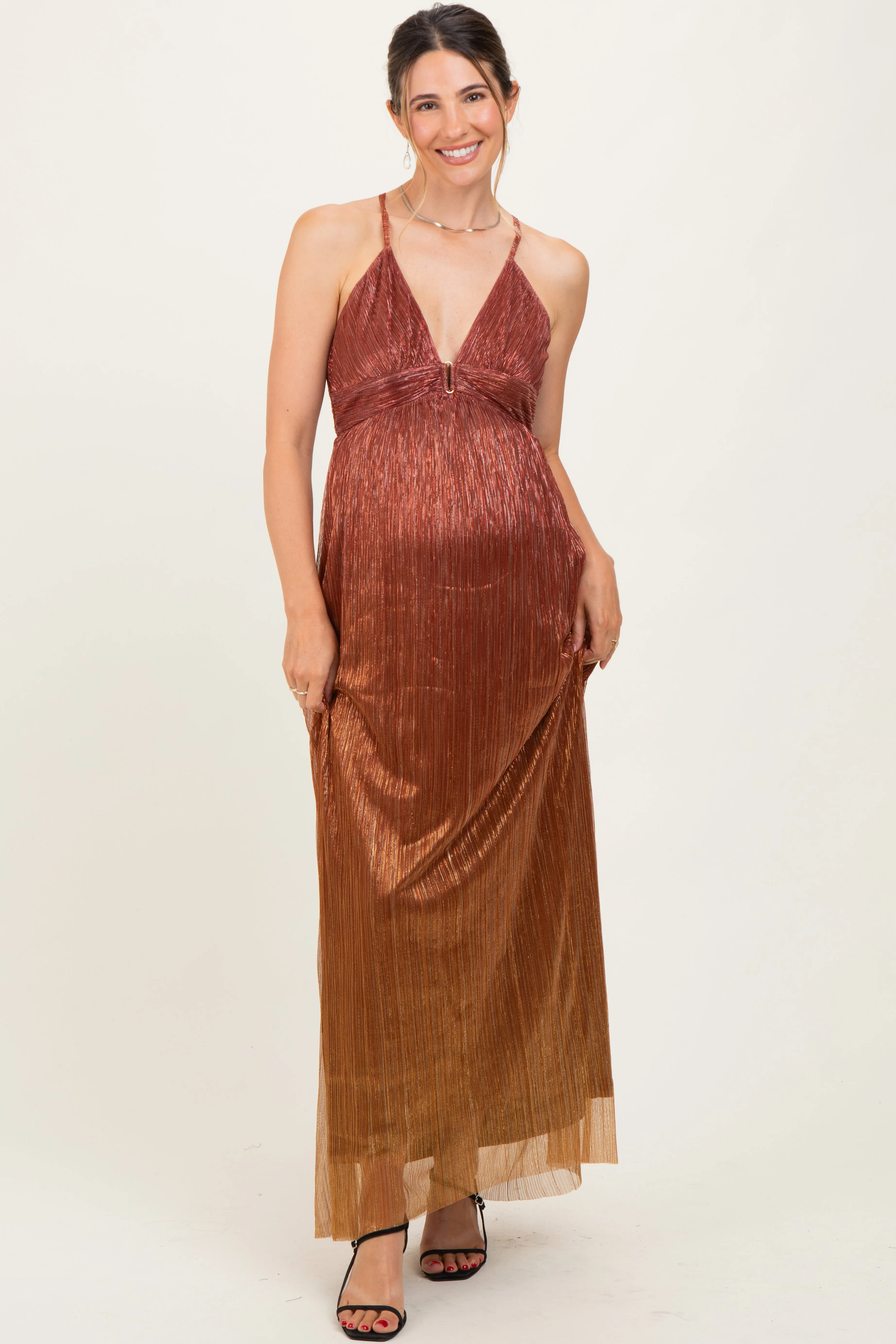 Rust Shimmer Open Tie Back Maternity Maxi Dress sold by Pinkblush product image thumbnail 2