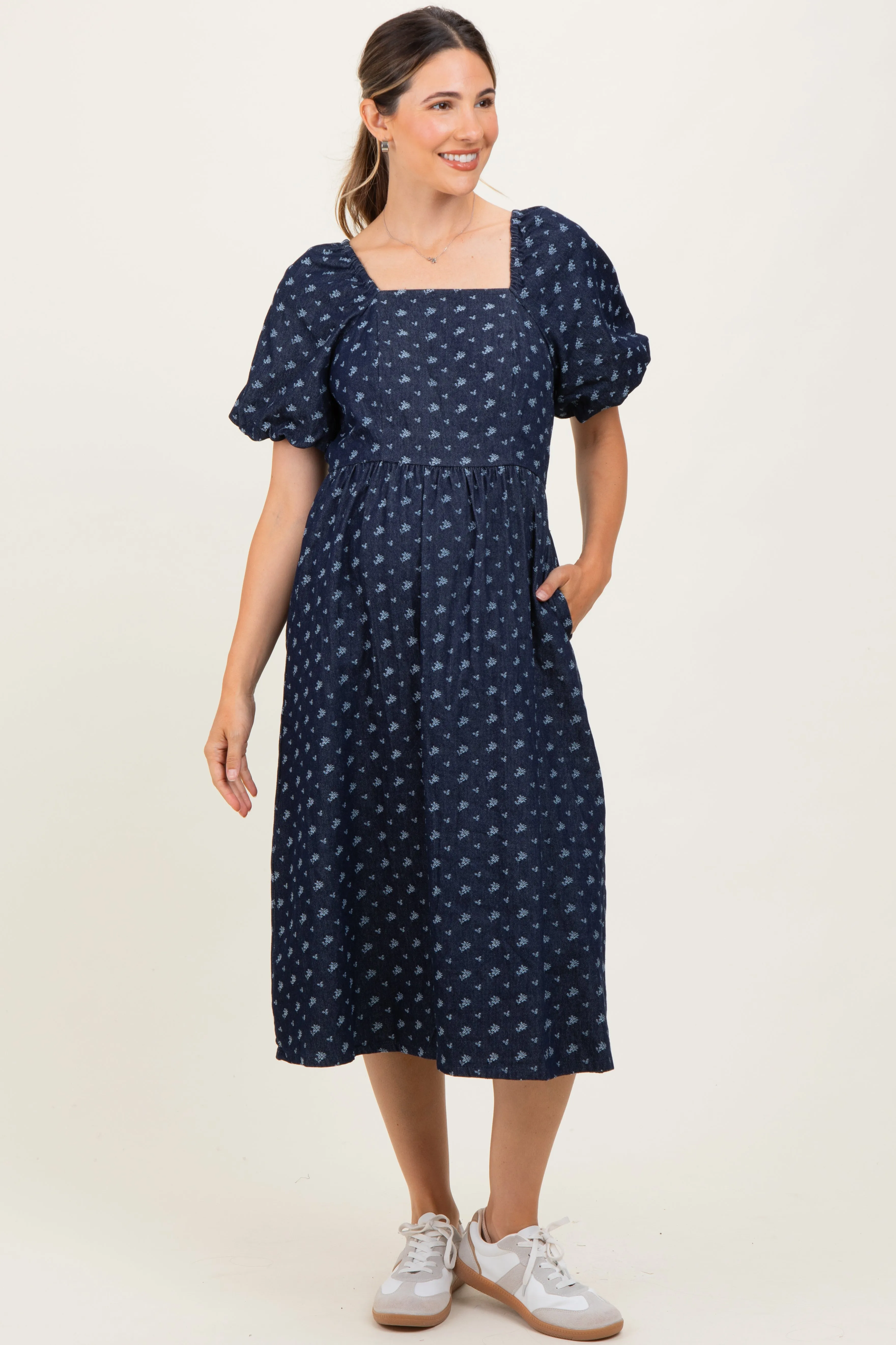 Navy Blue Floral Jacquard Denim Maternity Dress sold by Pinkblush