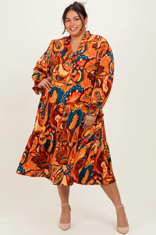 Peach Paisley V-Neck Long Sleeve Tiered Plus Maxi Dress sold by Pinkblush