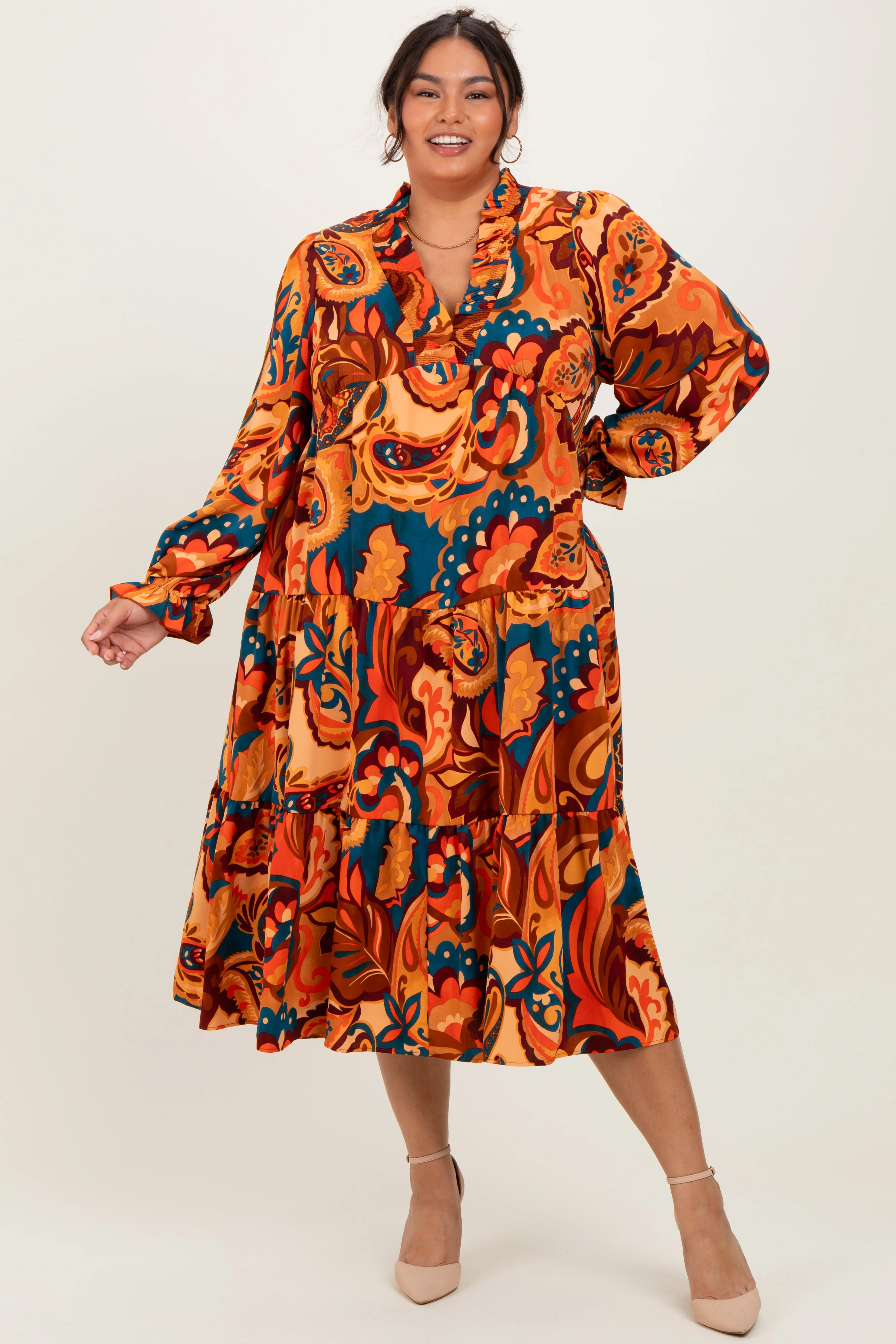 Peach Paisley V-Neck Long Sleeve Tiered Plus Maxi Dress sold by Pinkblush product image thumbnail 2