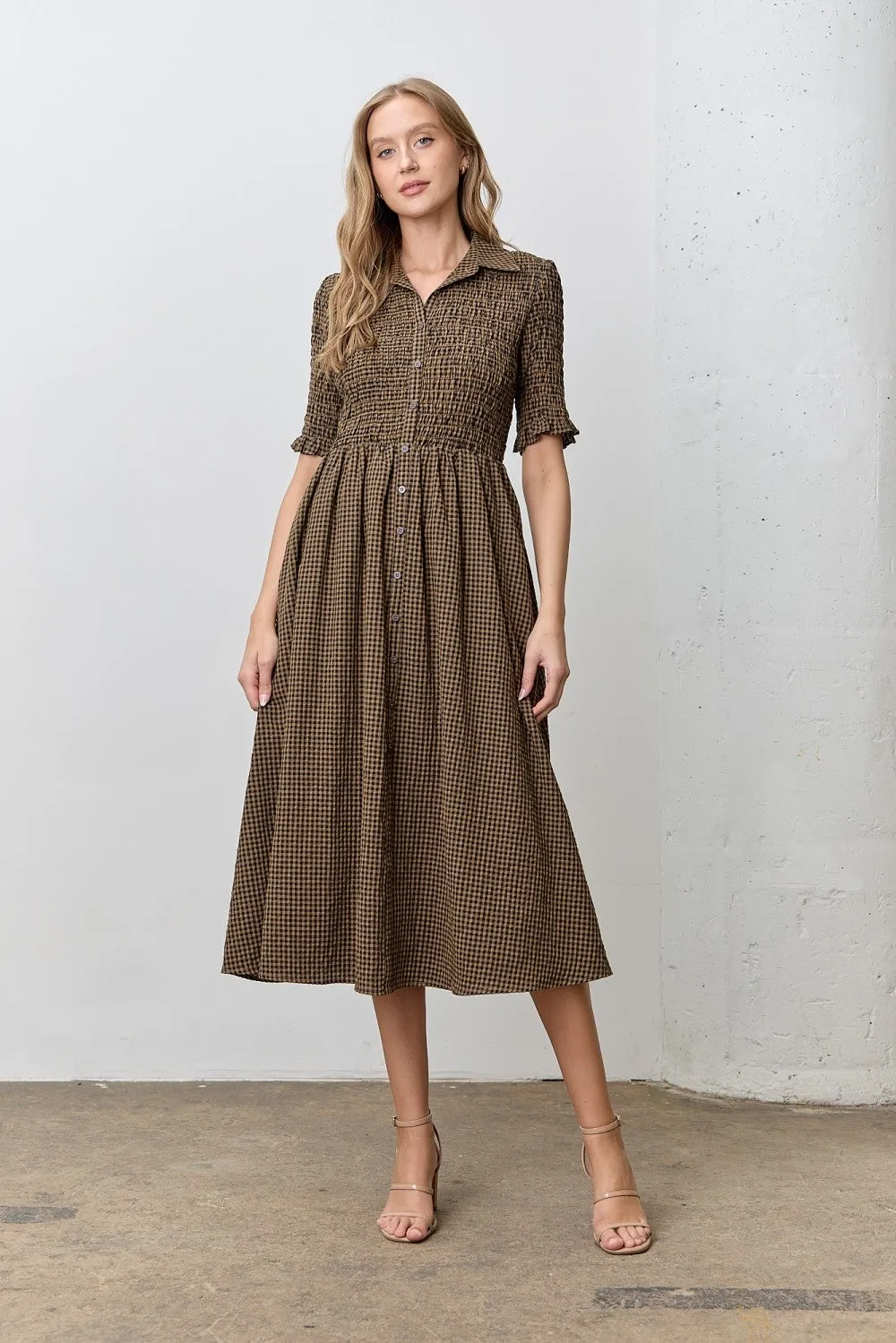 Brown Gingham Smocked Button Down Maternity Midi Dress sold by Pinkblush product image thumbnail 4