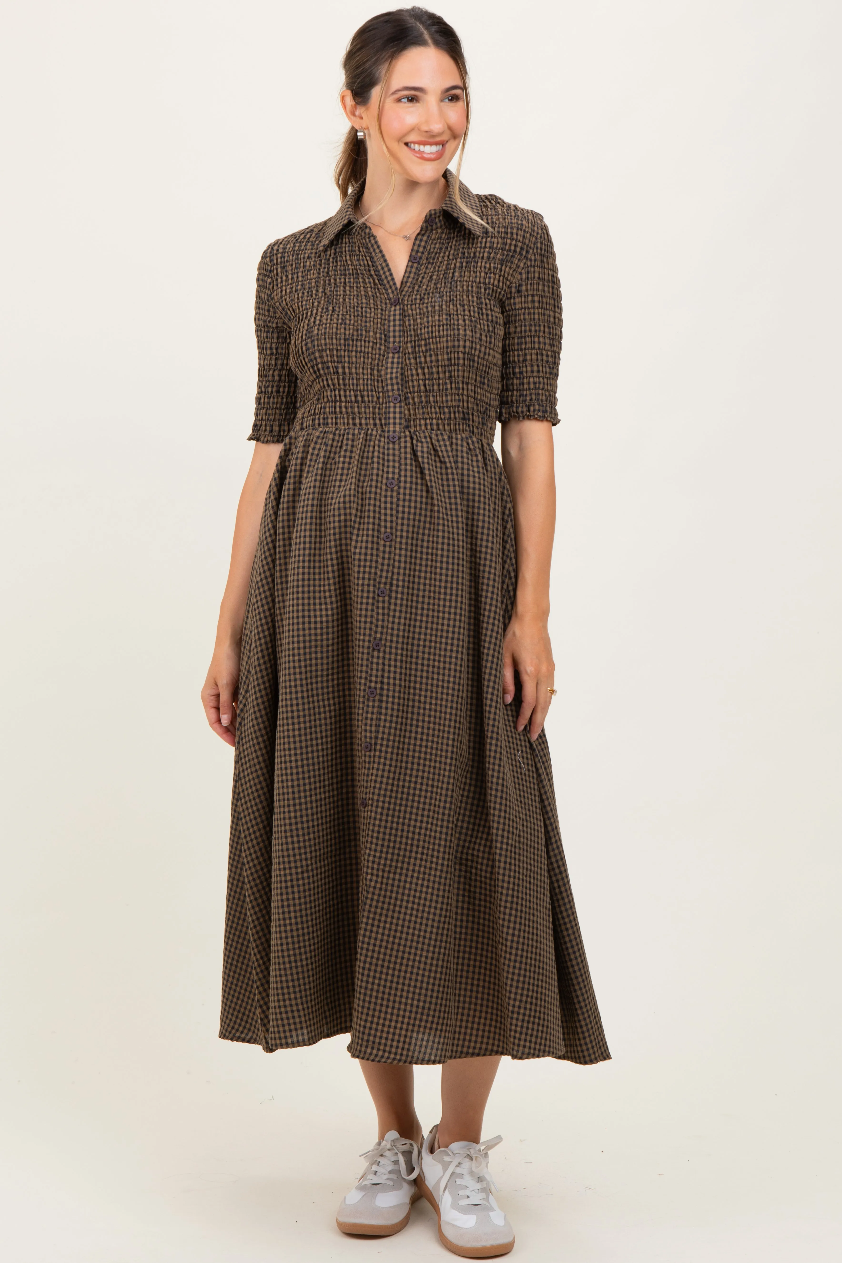 Brown Gingham Smocked Button Down Maternity Midi Dress sold by Pinkblush