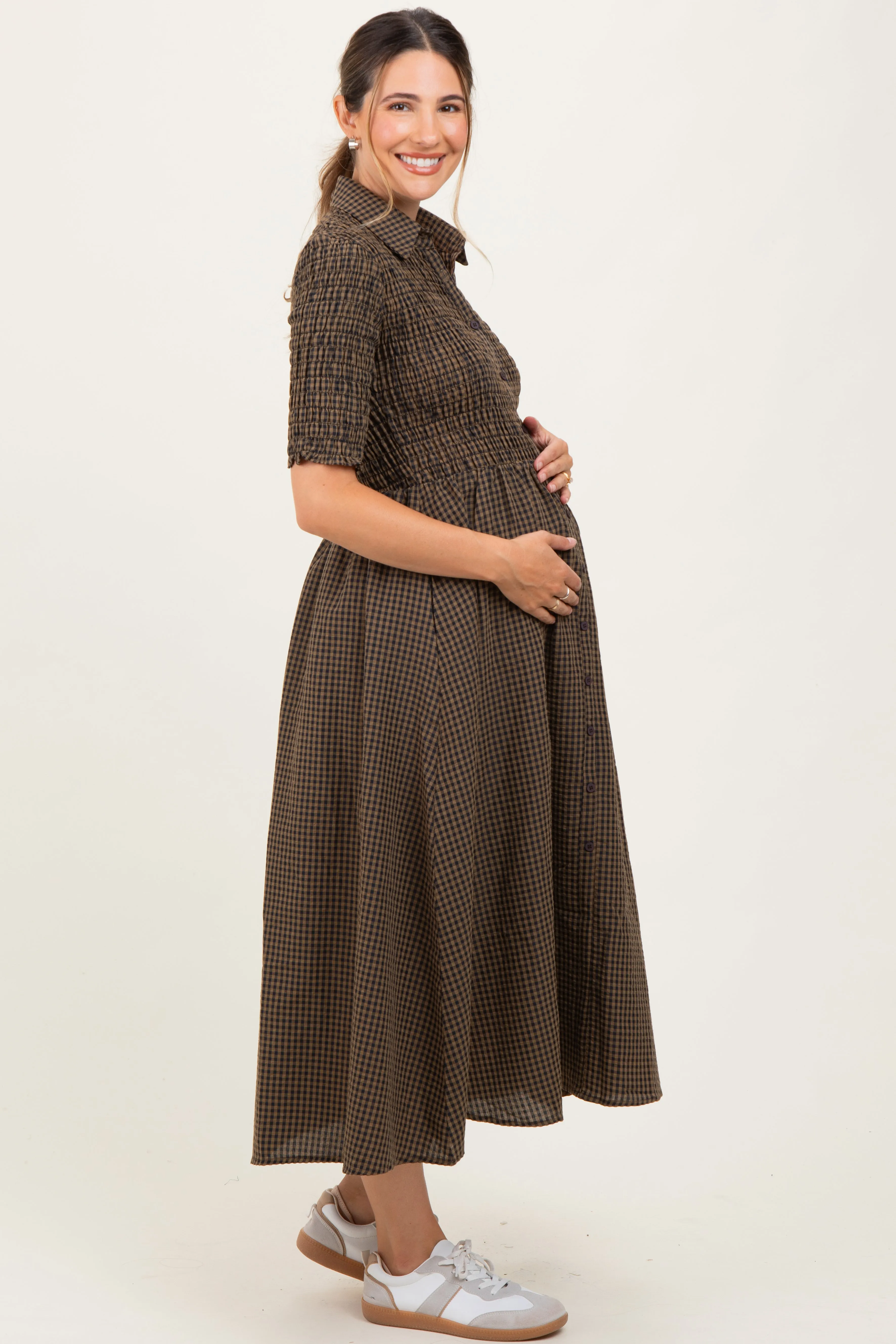 Brown Gingham Smocked Button Down Maternity Midi Dress sold by Pinkblush product image thumbnail 2
