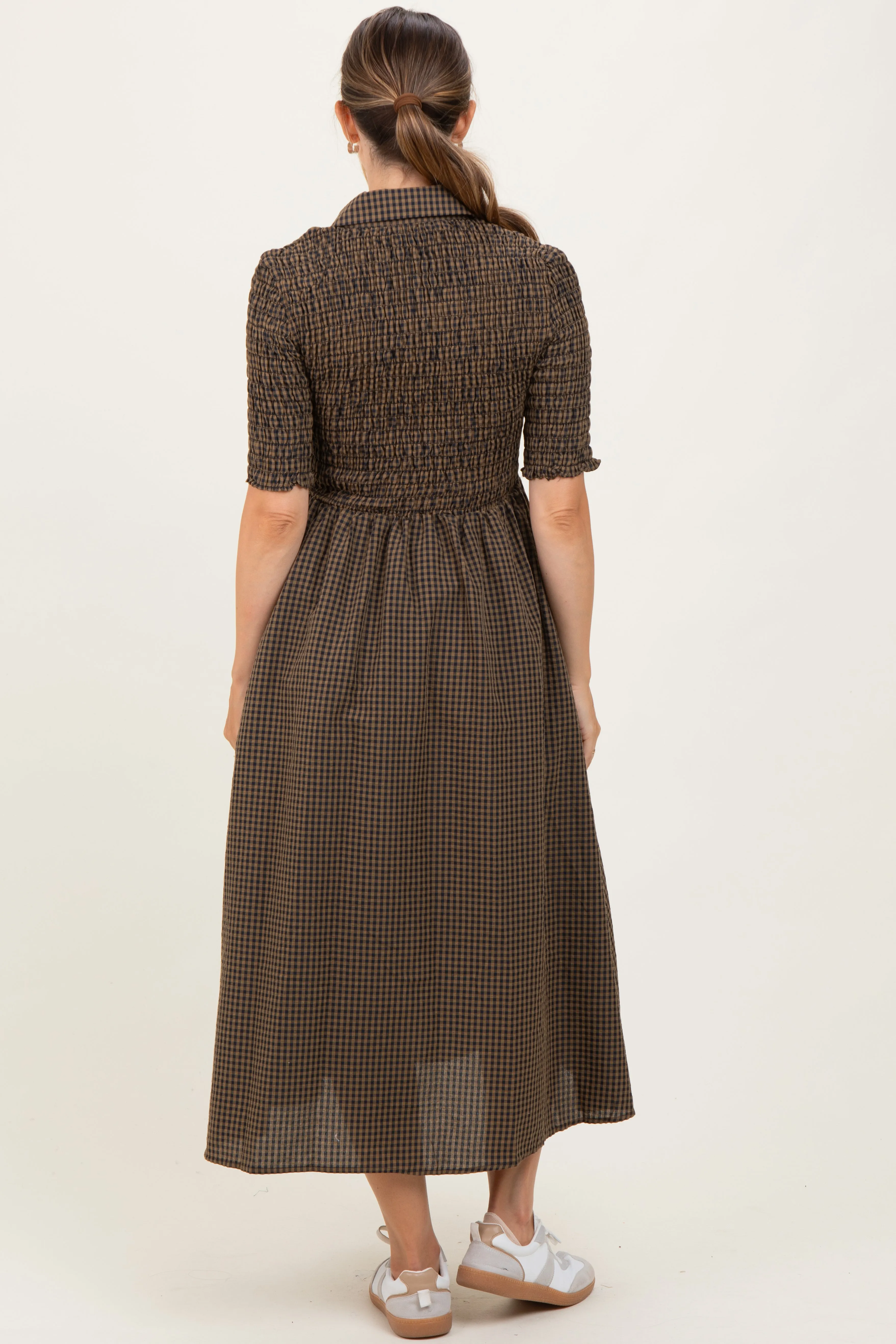 Brown Gingham Smocked Button Down Maternity Midi Dress sold by Pinkblush product image thumbnail 3