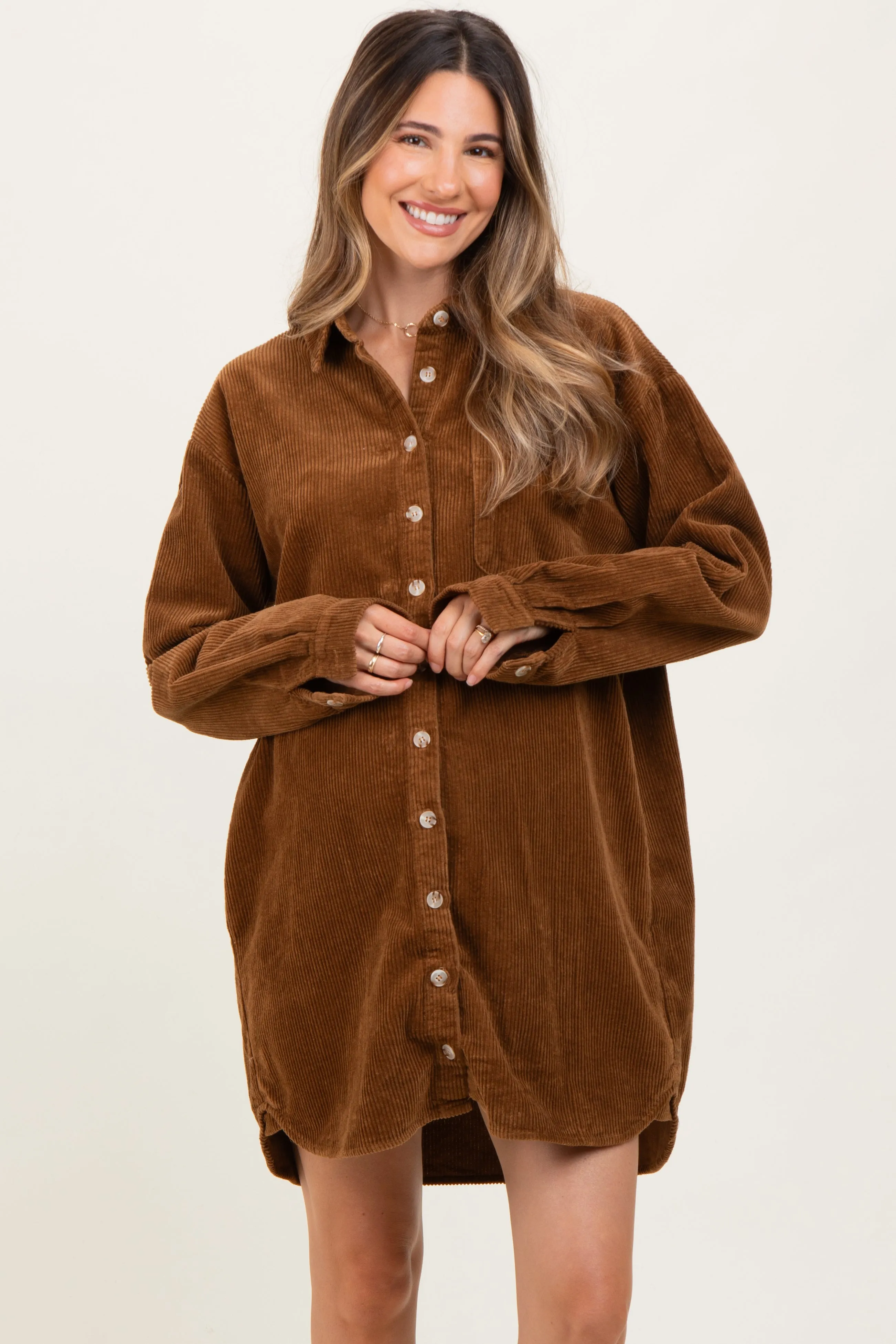Camel Corduroy Maternity Shirt Mini Dress sold by Pinkblush