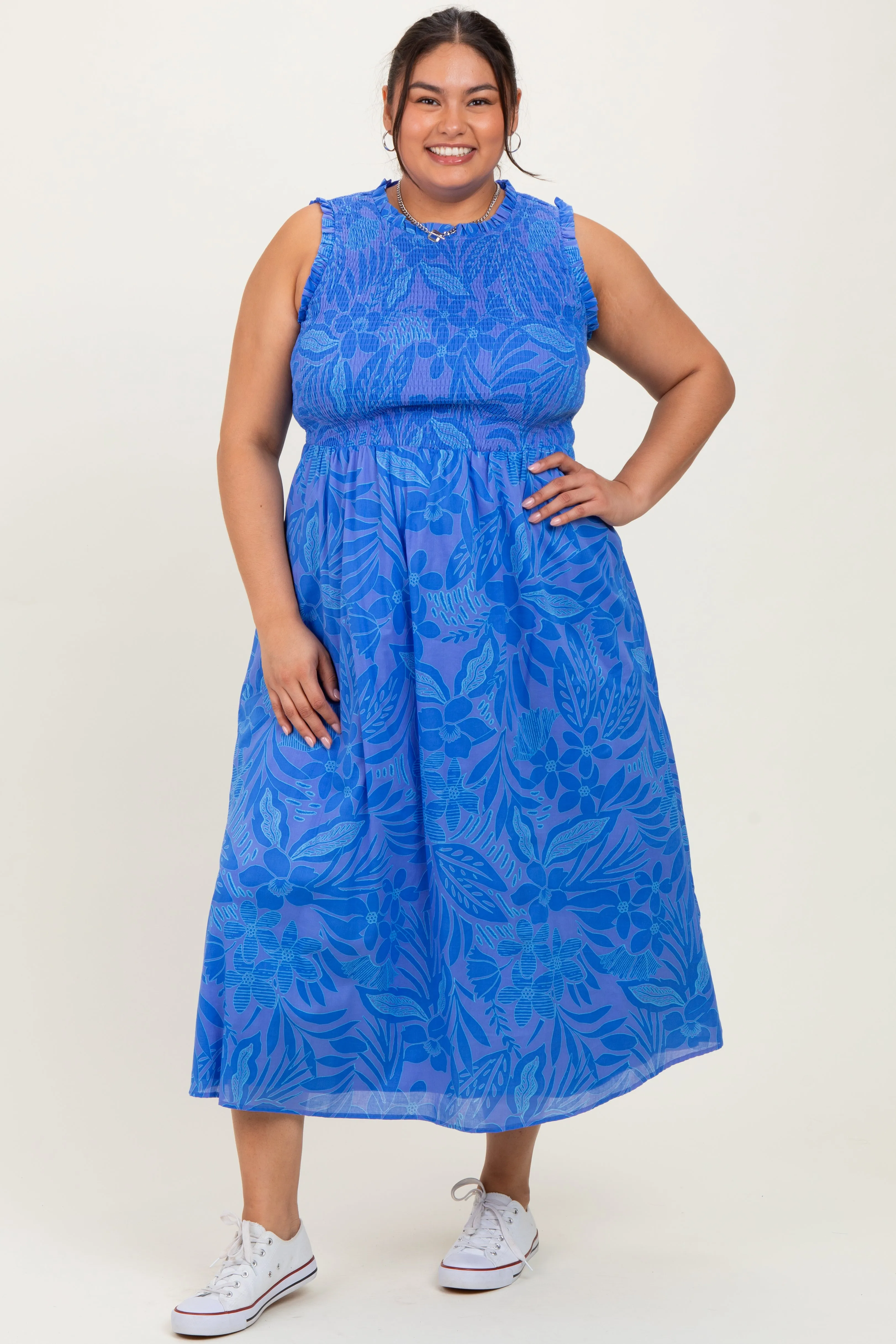 Royal Blue Floral Smocked Sleeveless Plus Midi Dress sold by Pinkblush