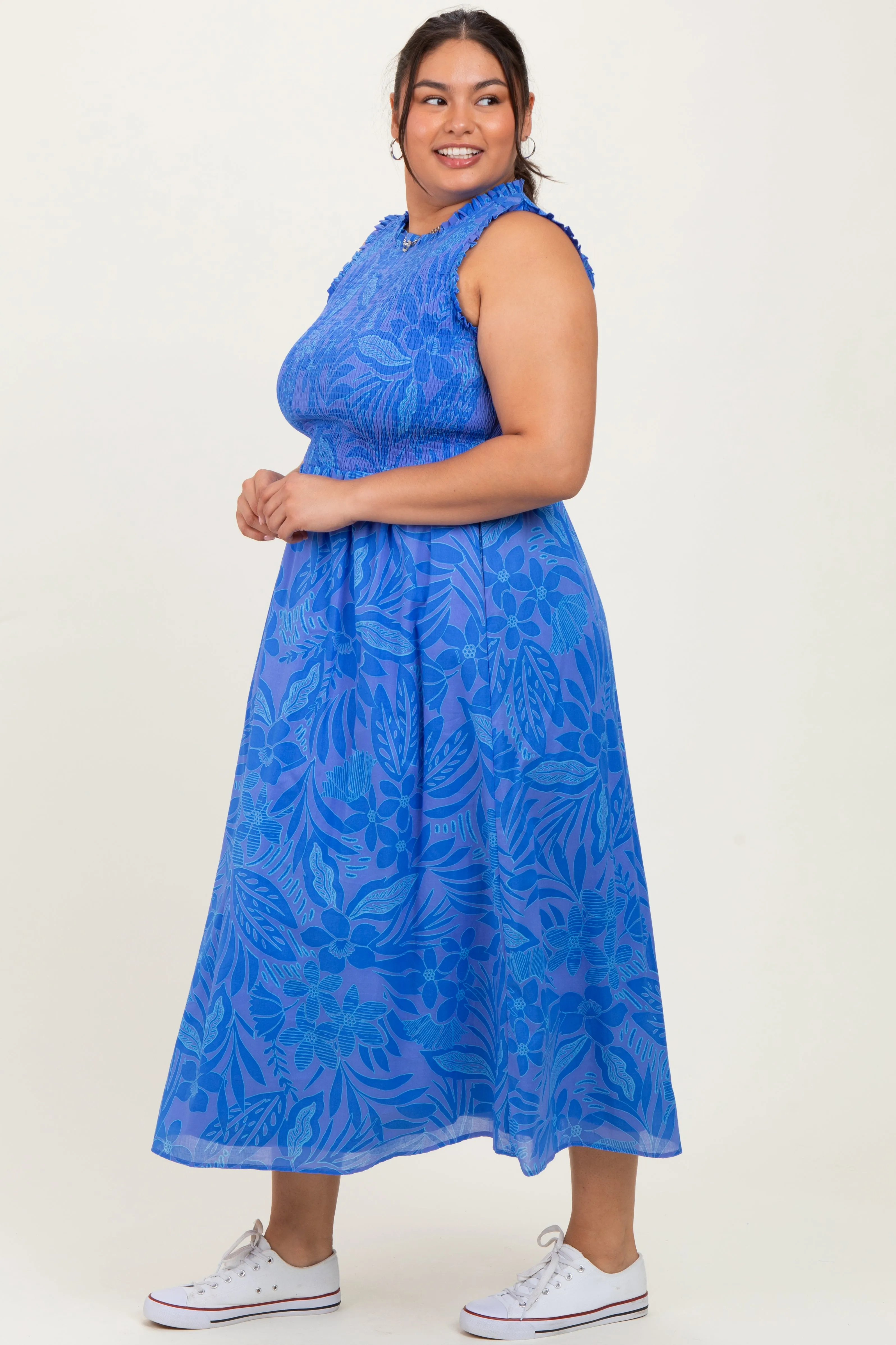 Royal Blue Floral Smocked Sleeveless Plus Midi Dress sold by Pinkblush product image thumbnail 2