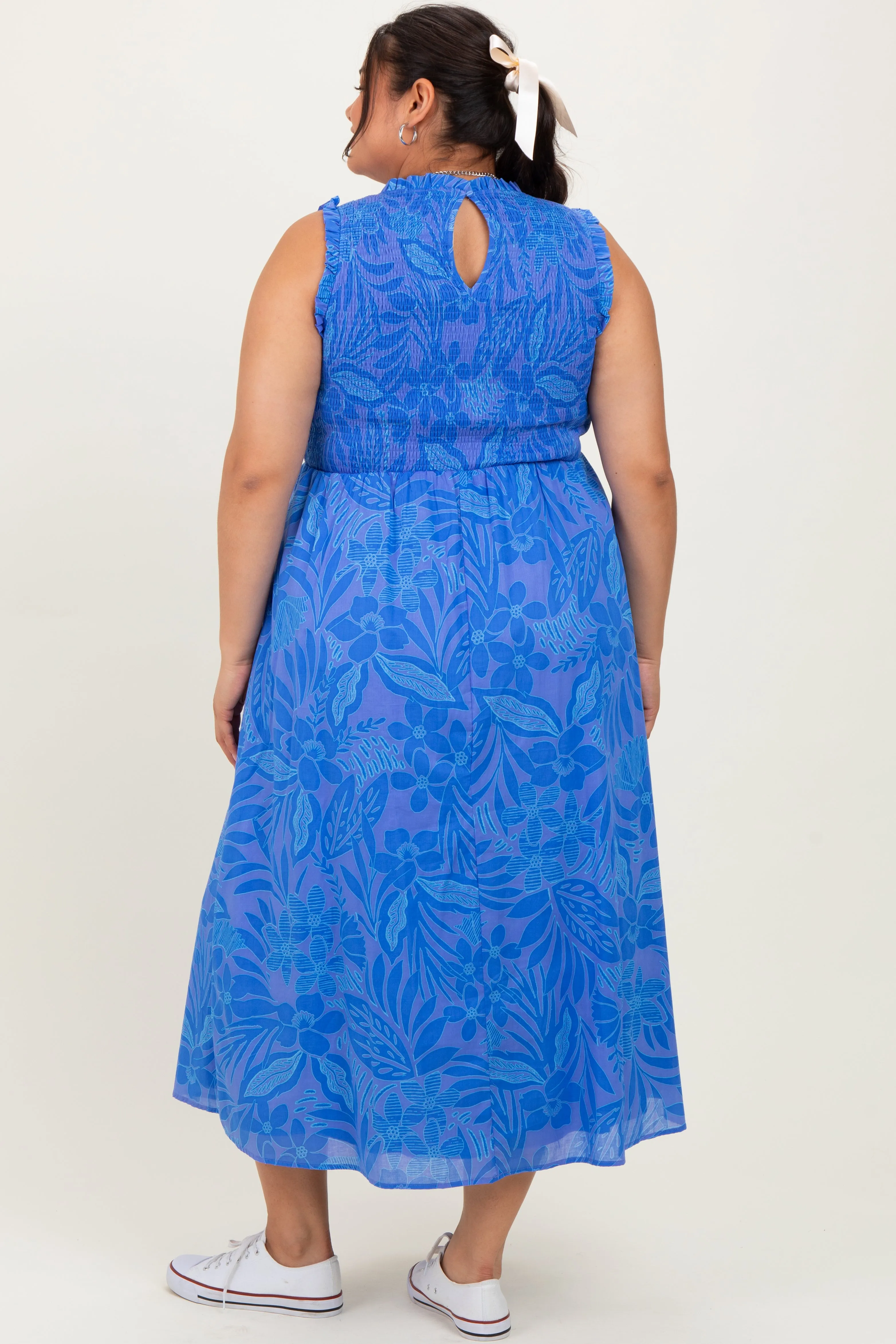 Royal Blue Floral Smocked Sleeveless Plus Midi Dress sold by Pinkblush product image thumbnail 3
