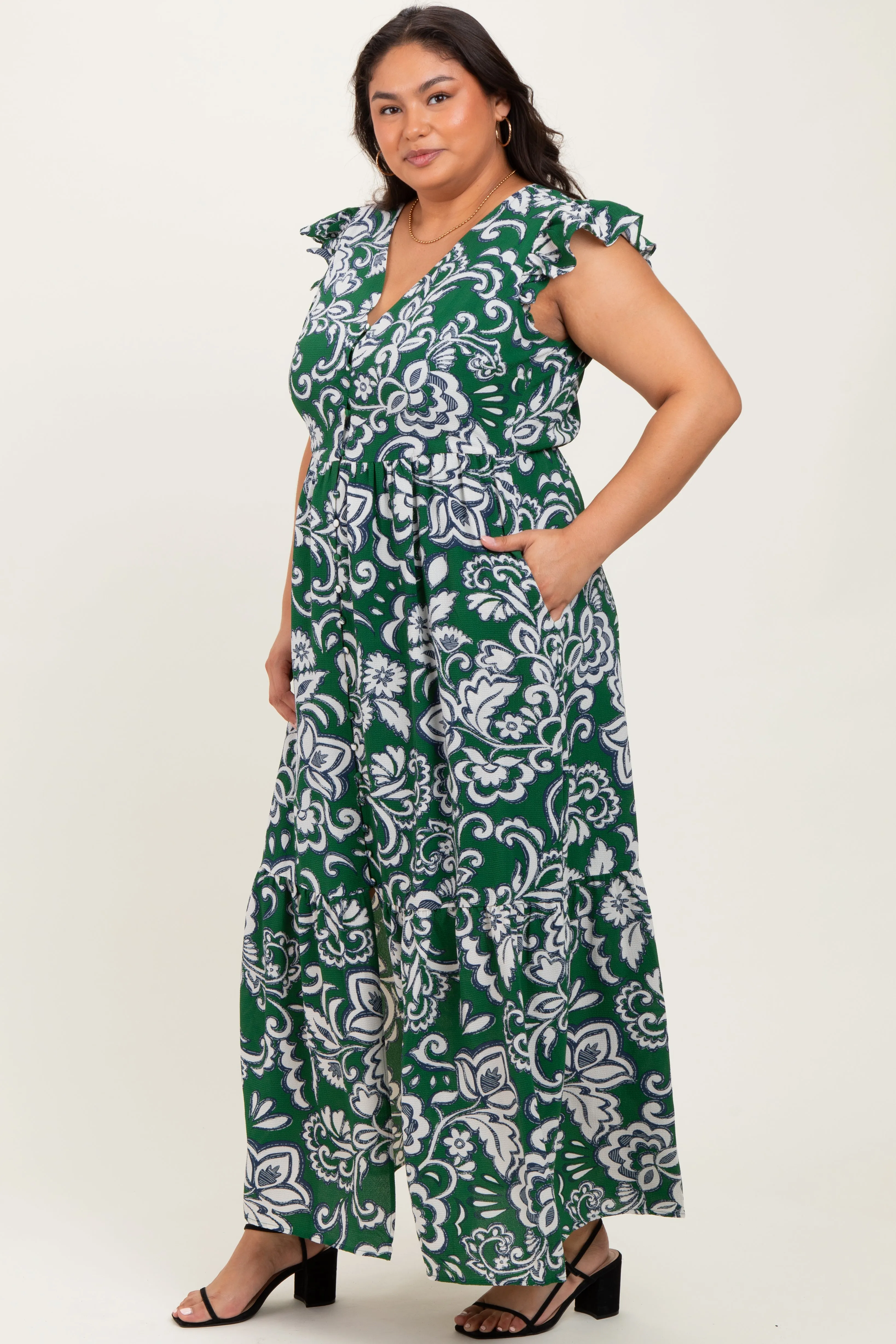 Cream-Green Floral Button Down Plus Maxi Dress sold by Pinkblush product image thumbnail 2