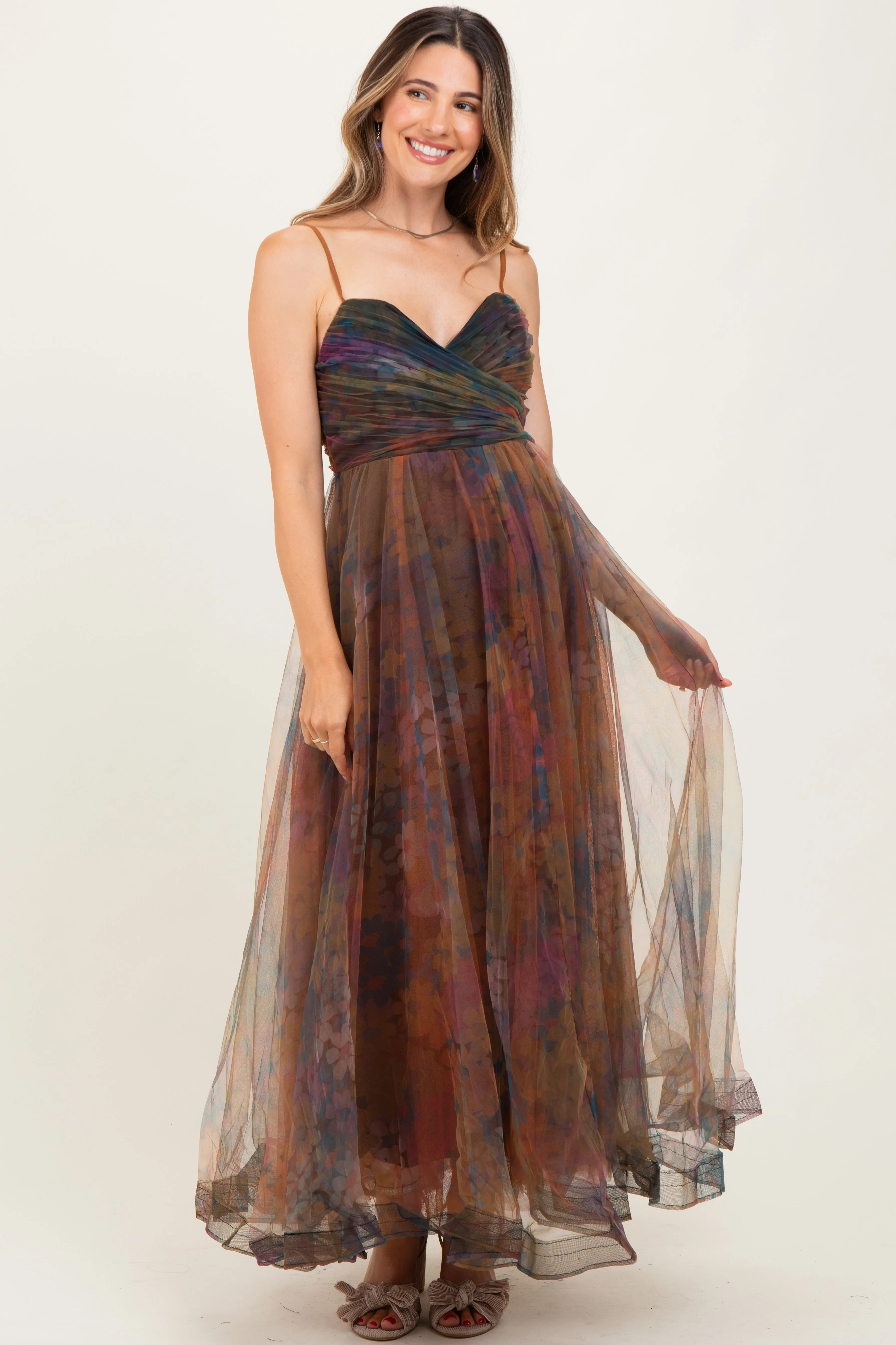 Multi Color Floral Mesh Tulle Overlay Maternity Maxi Dress sold by Pinkblush