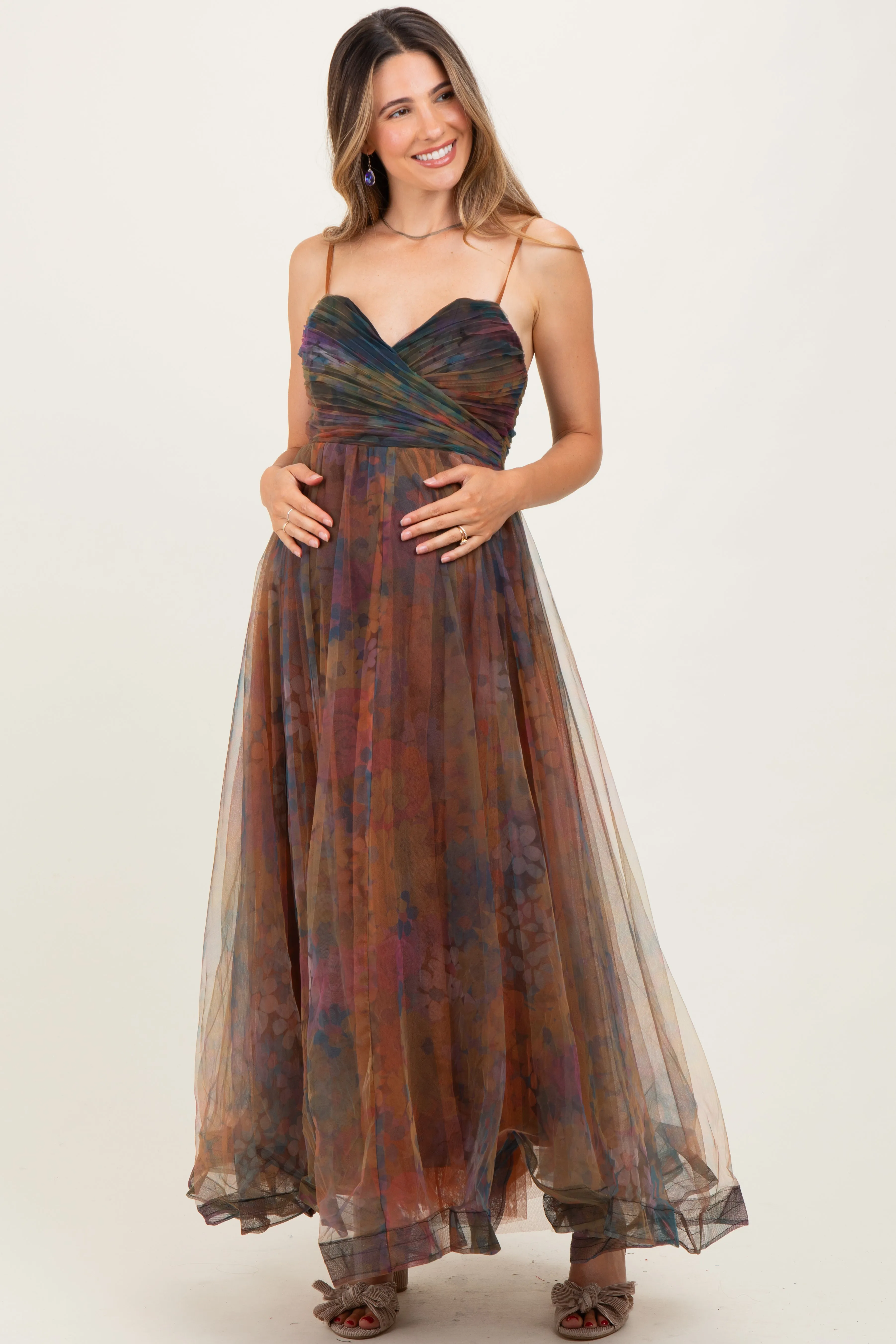 Multi Color Floral Mesh Tulle Overlay Maternity Maxi Dress sold by Pinkblush product image thumbnail 2