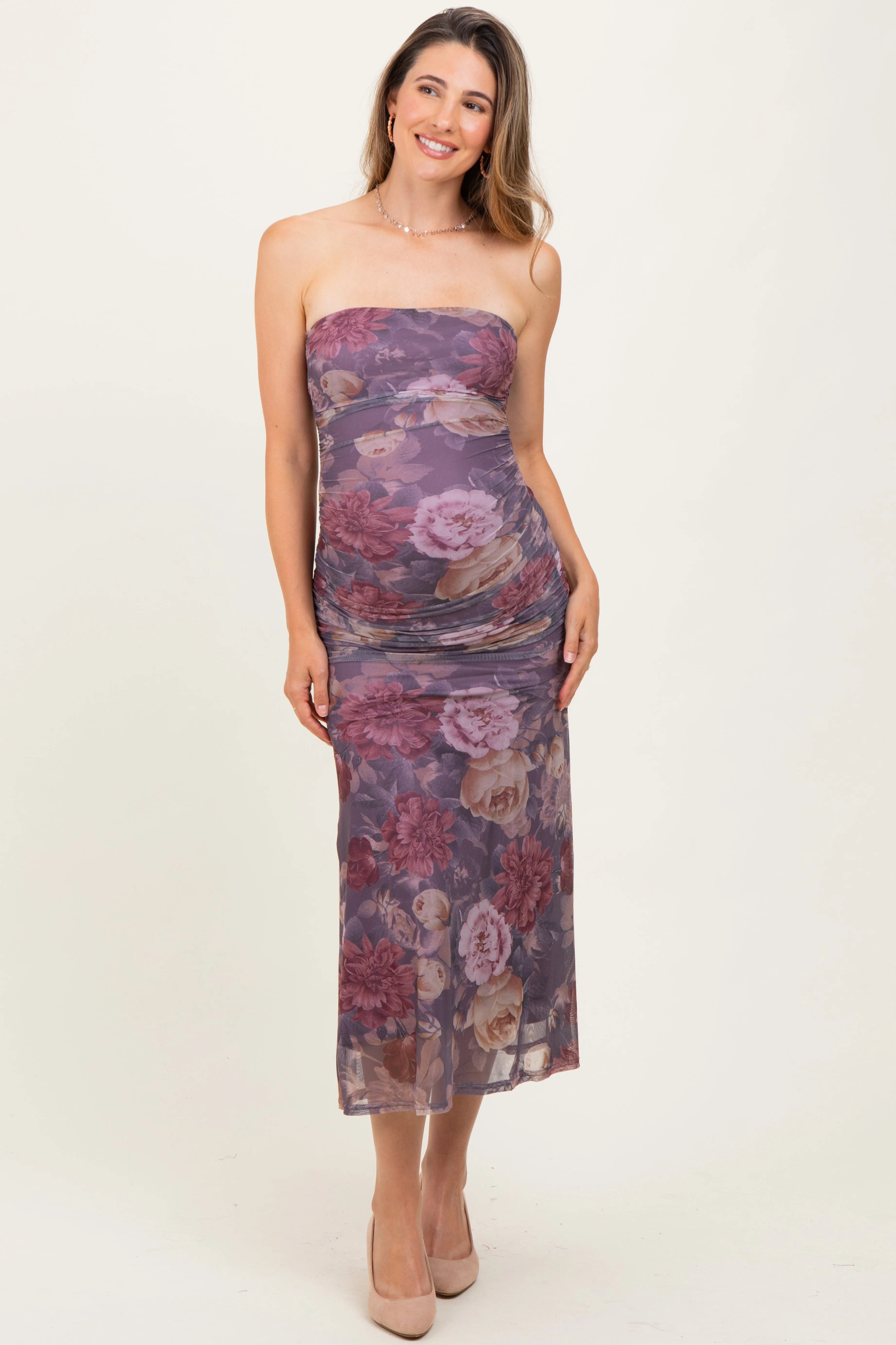 Lavender Floral Strapless Ruched Midi Maternity Dress sold by Pinkblush product image thumbnail 2