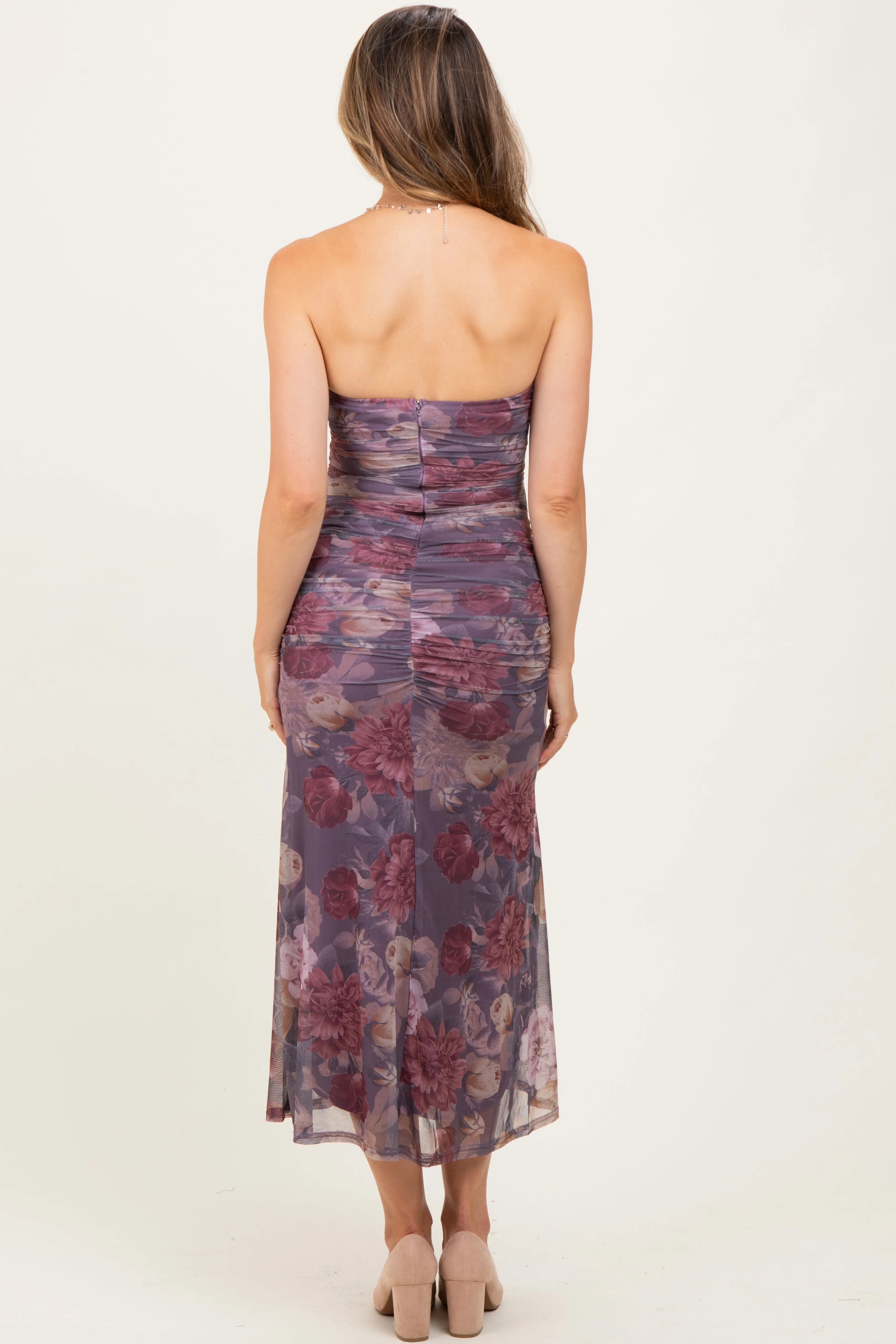 Lavender Floral Strapless Ruched Midi Maternity Dress sold by Pinkblush product image thumbnail 4