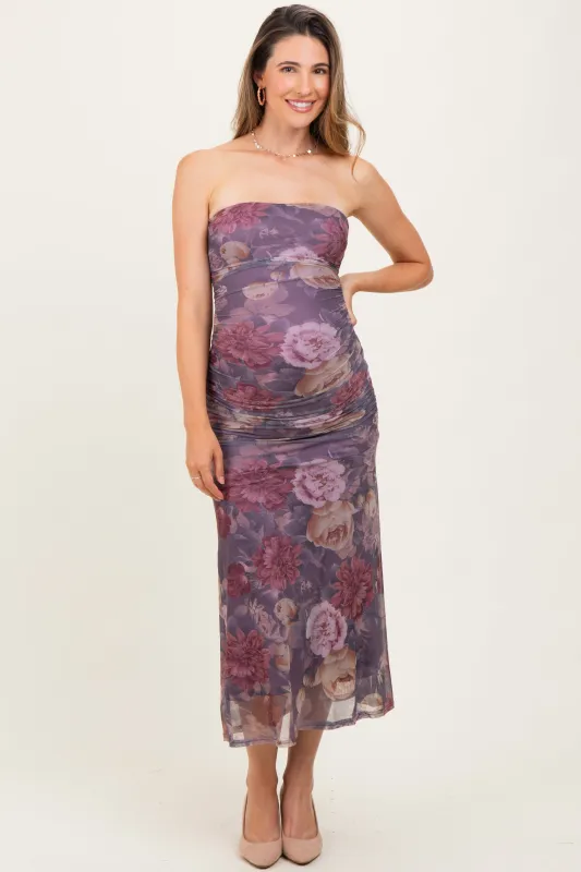 Lavender Floral Strapless Ruched Midi Maternity Dress made by privy