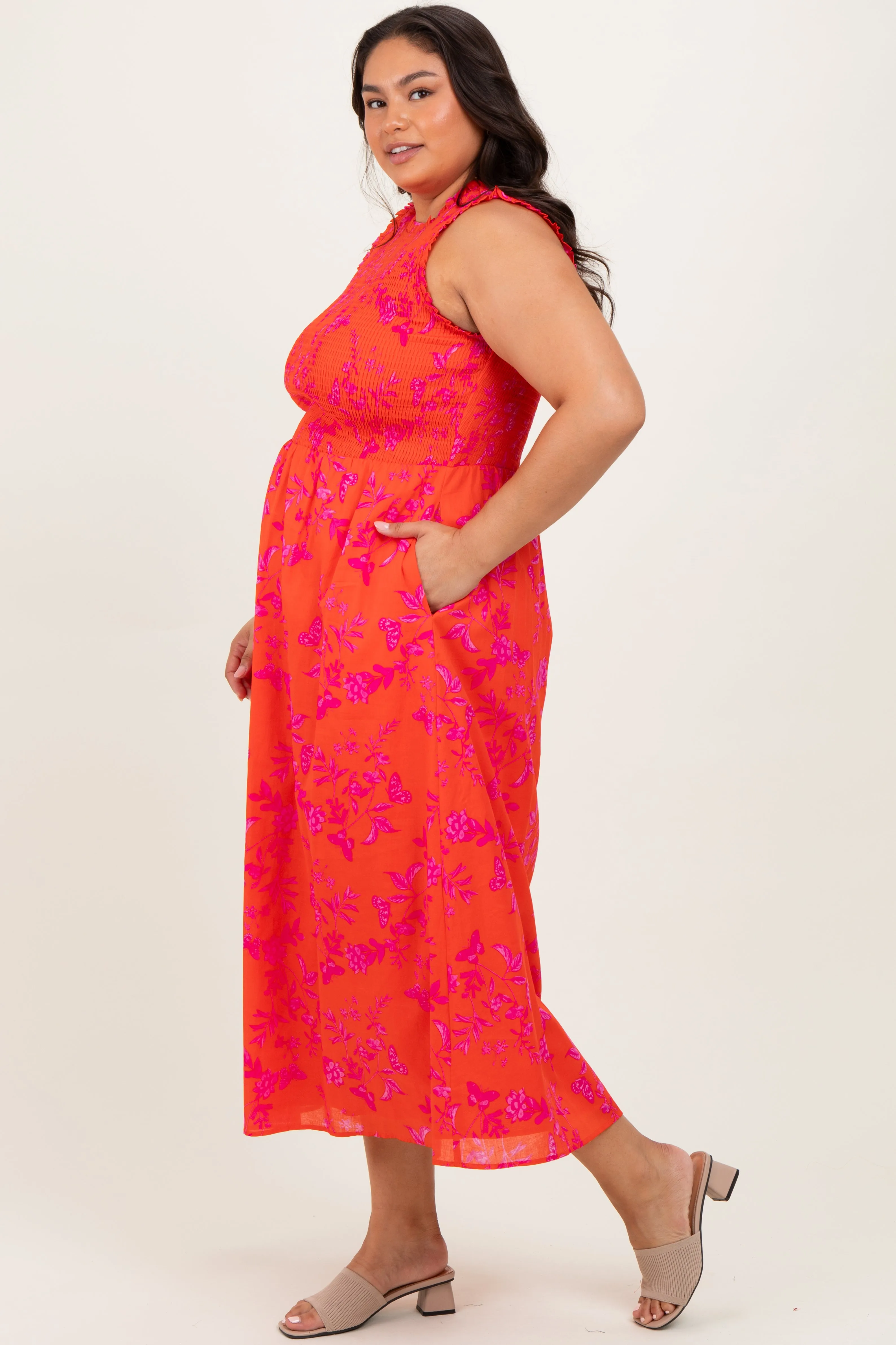Orange Floral Smocked Sleeveless Midi Dress sold by Pinkblush product image thumbnail 2