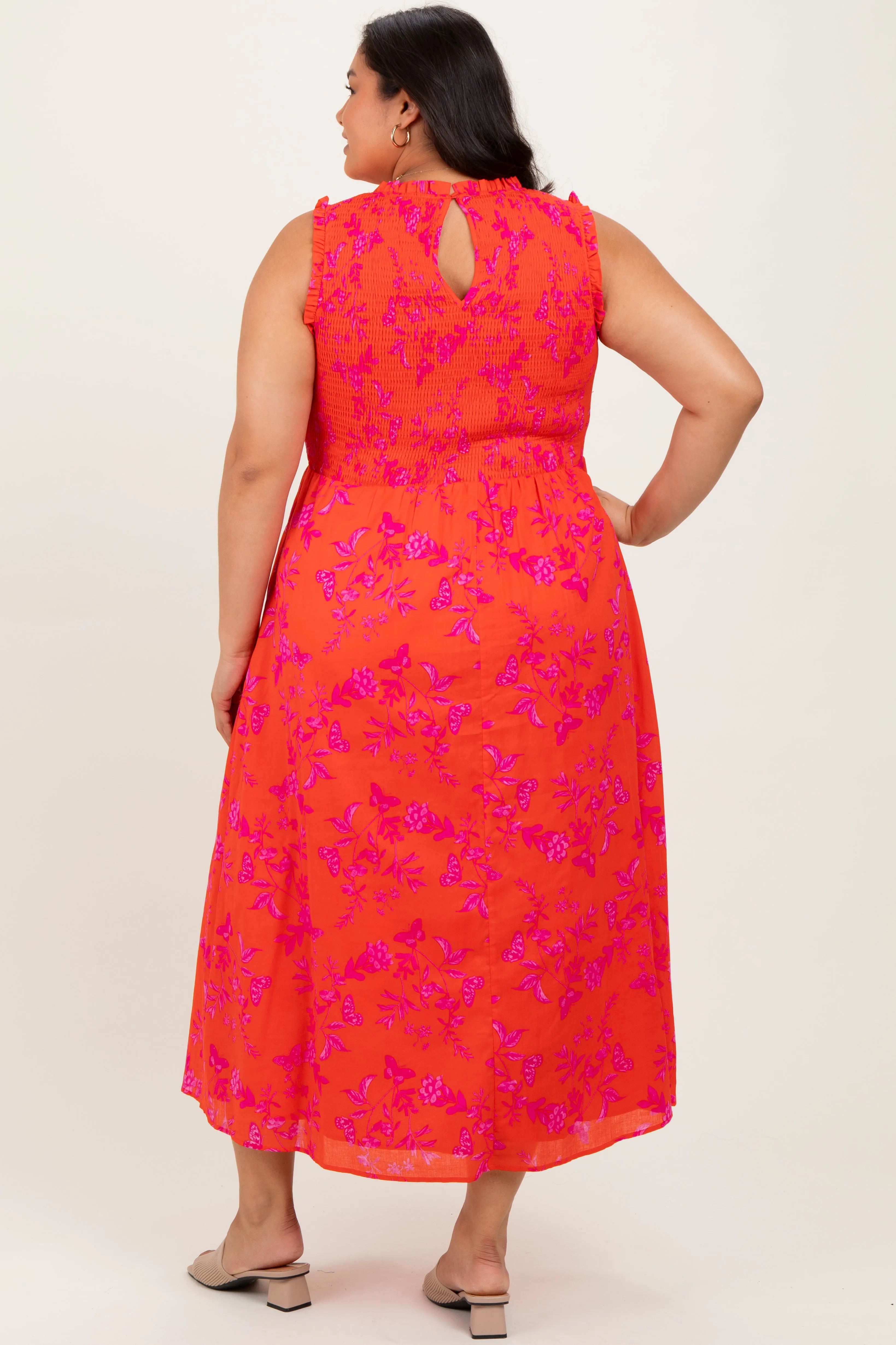 Orange Floral Smocked Sleeveless Midi Dress sold by Pinkblush product image thumbnail 3