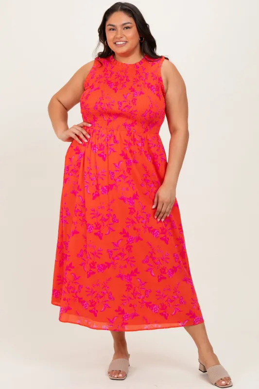 Orange Floral Smocked Sleeveless Midi Dress sold by Pinkblush