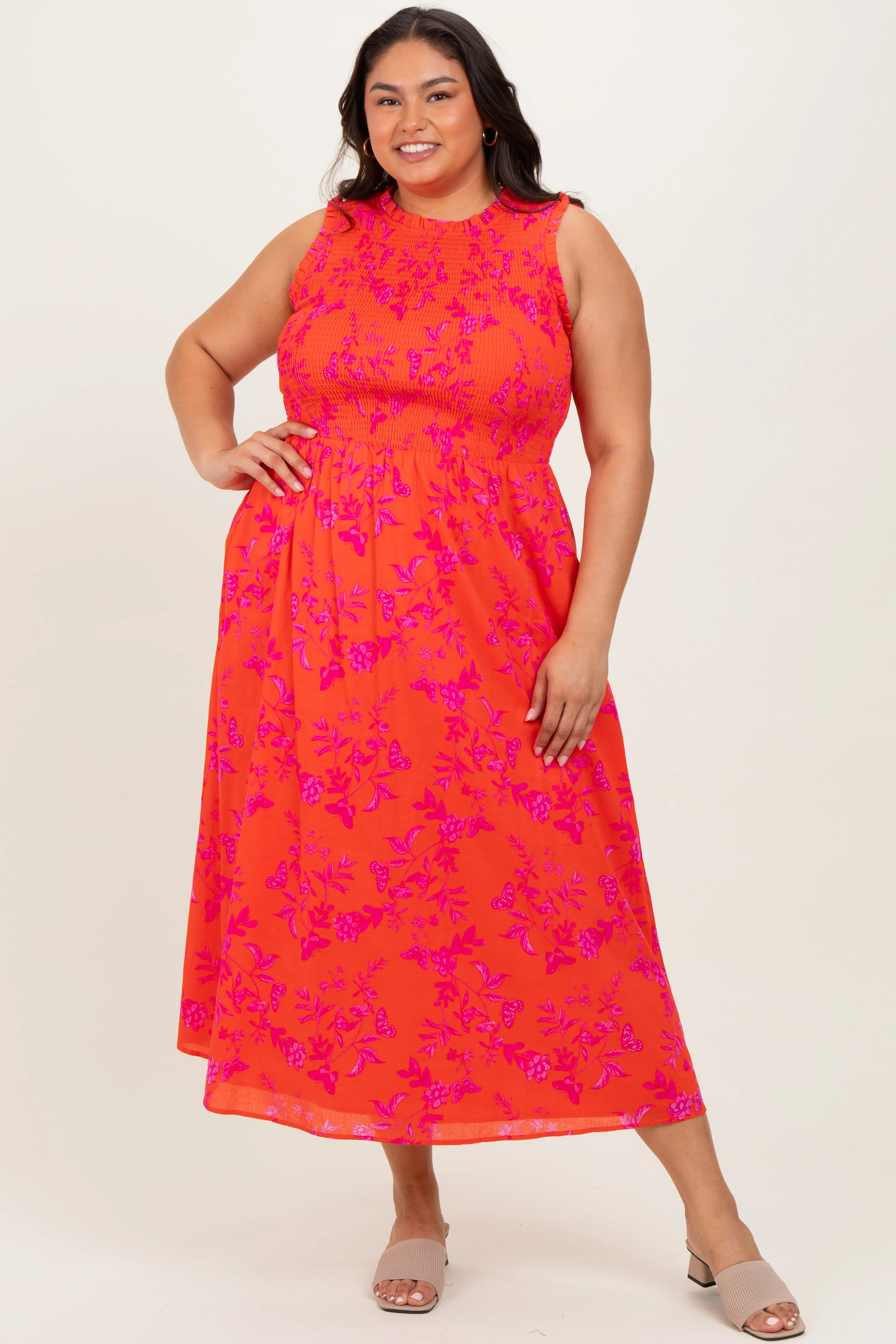 Orange Floral Smocked Sleeveless Midi Dress sold by Pinkblush