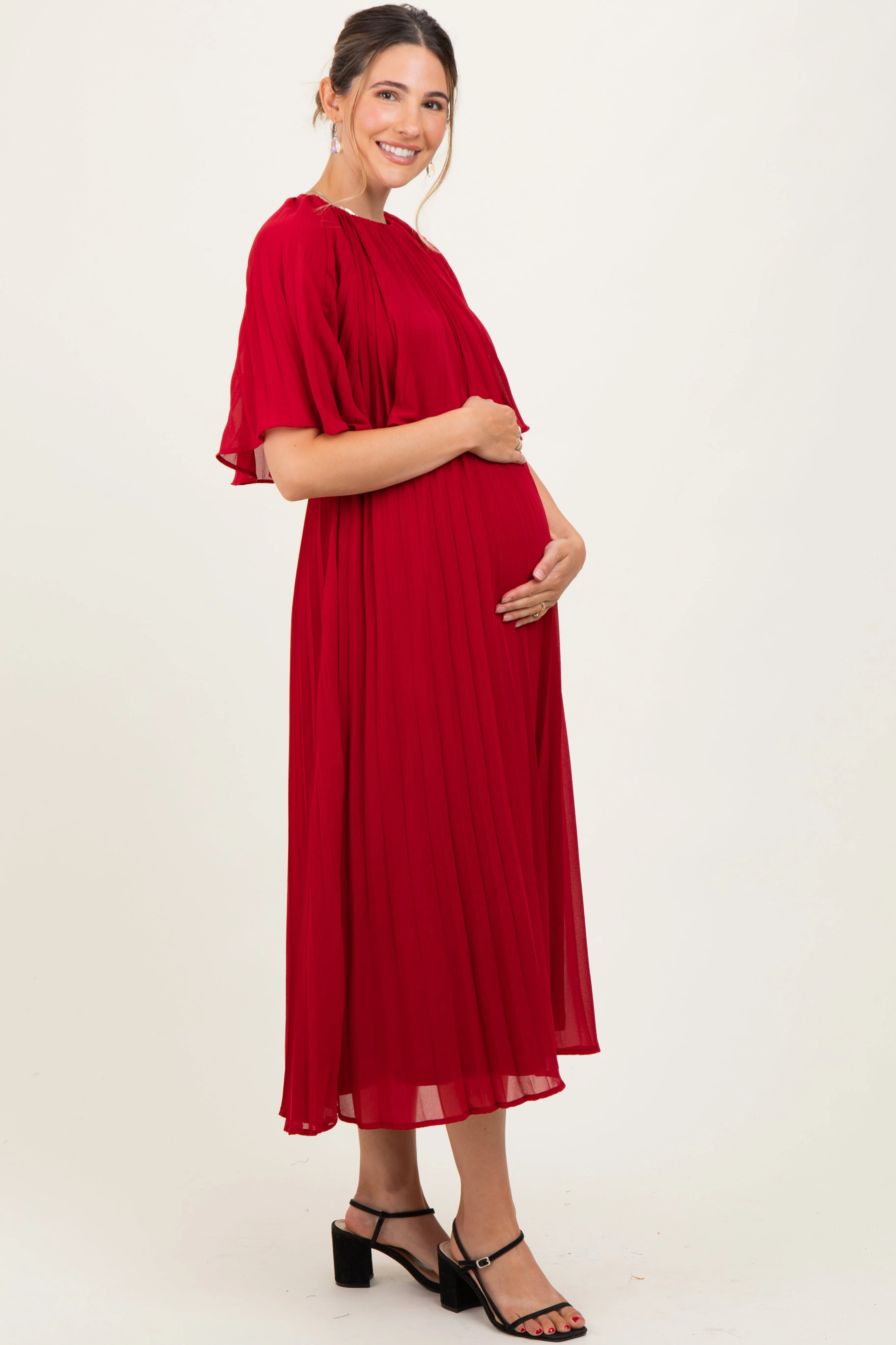 Burgundy Pleated Cape Maternity Midi Dress sold by Pinkblush product image thumbnail 2