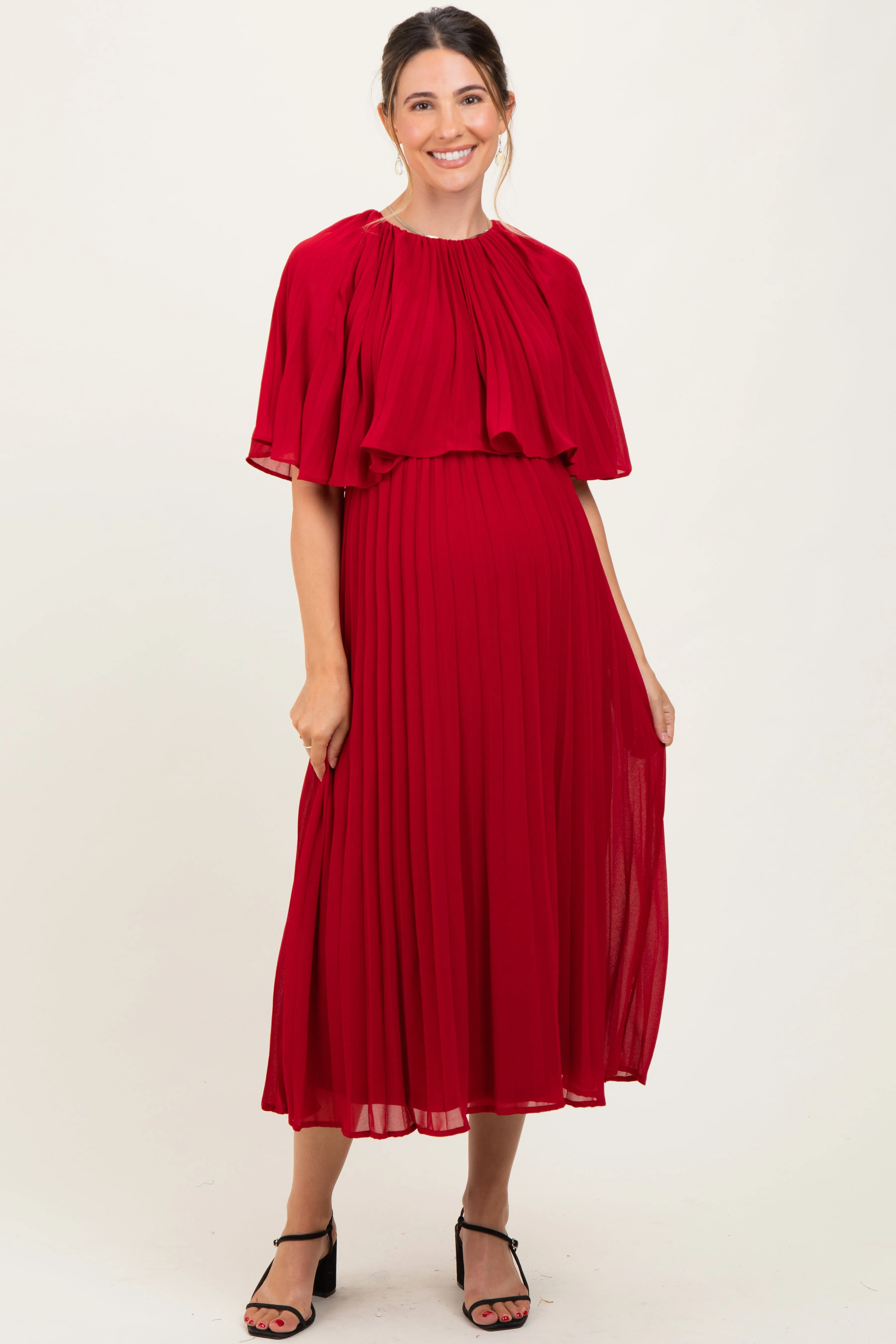 Burgundy Pleated Cape Maternity Midi Dress sold by Pinkblush
