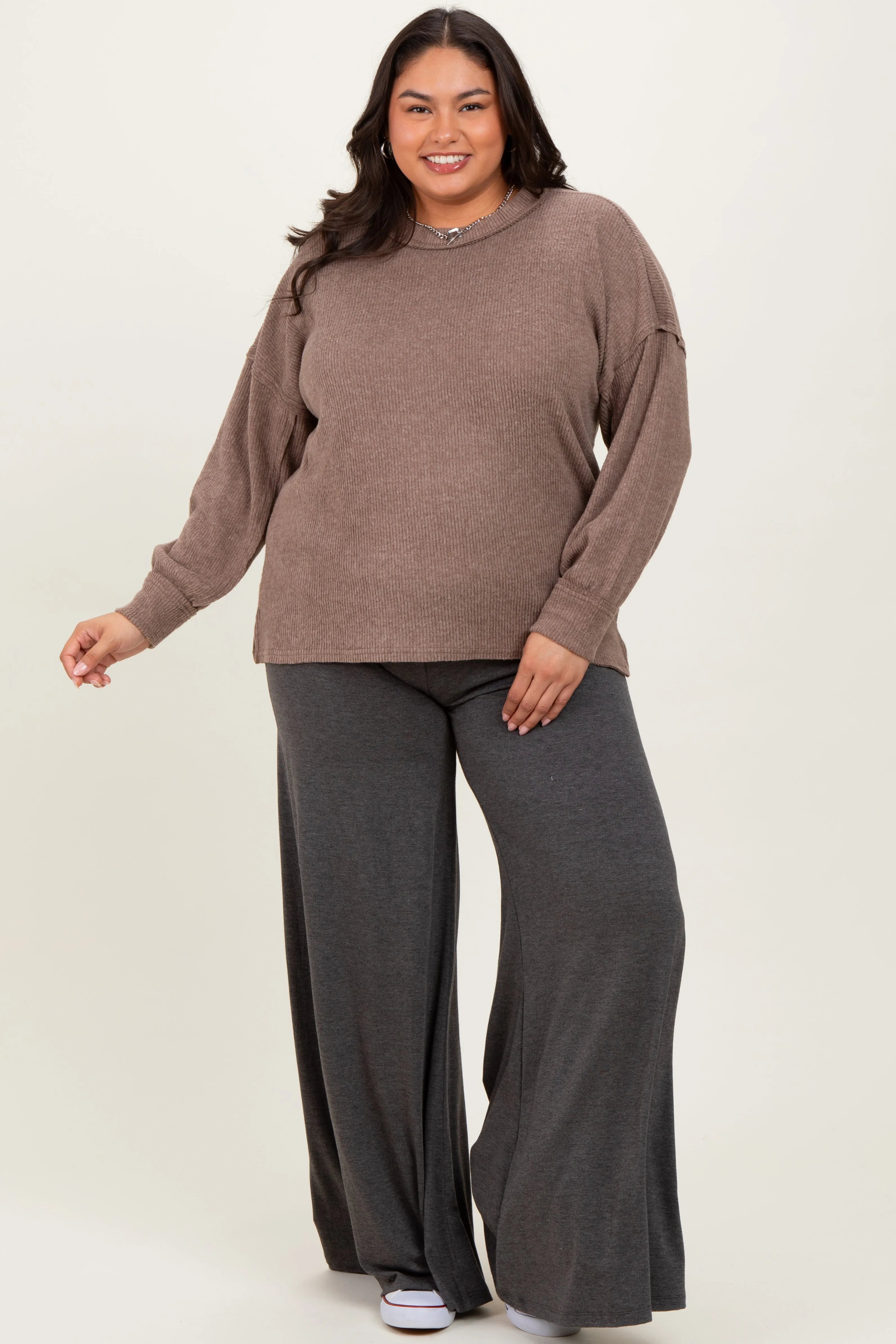 Mocha Brushed Ribbed Knit Plus Pullover sold by Pinkblush product image thumbnail 2
