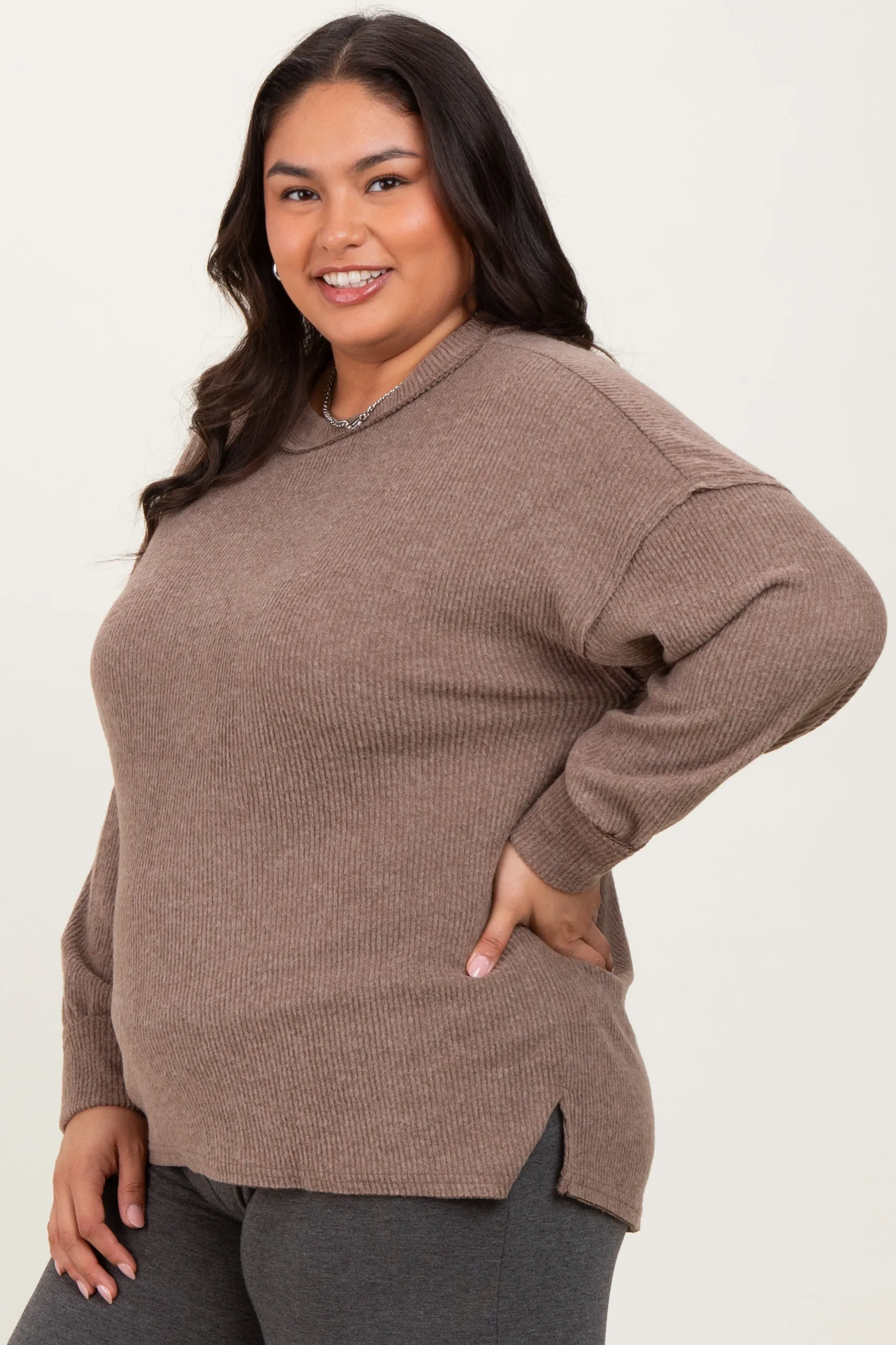Mocha Brushed Ribbed Knit Plus Pullover sold by Pinkblush product image thumbnail 3