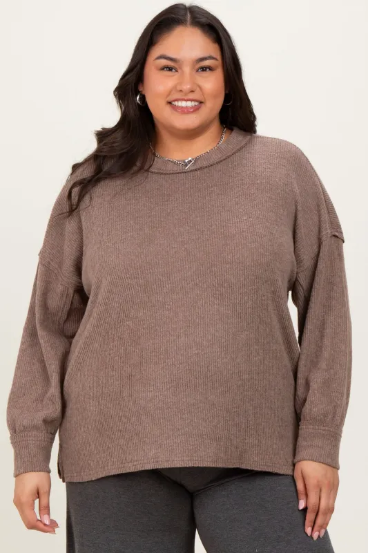Mocha Brushed Ribbed Knit Plus Pullover sold by Pinkblush