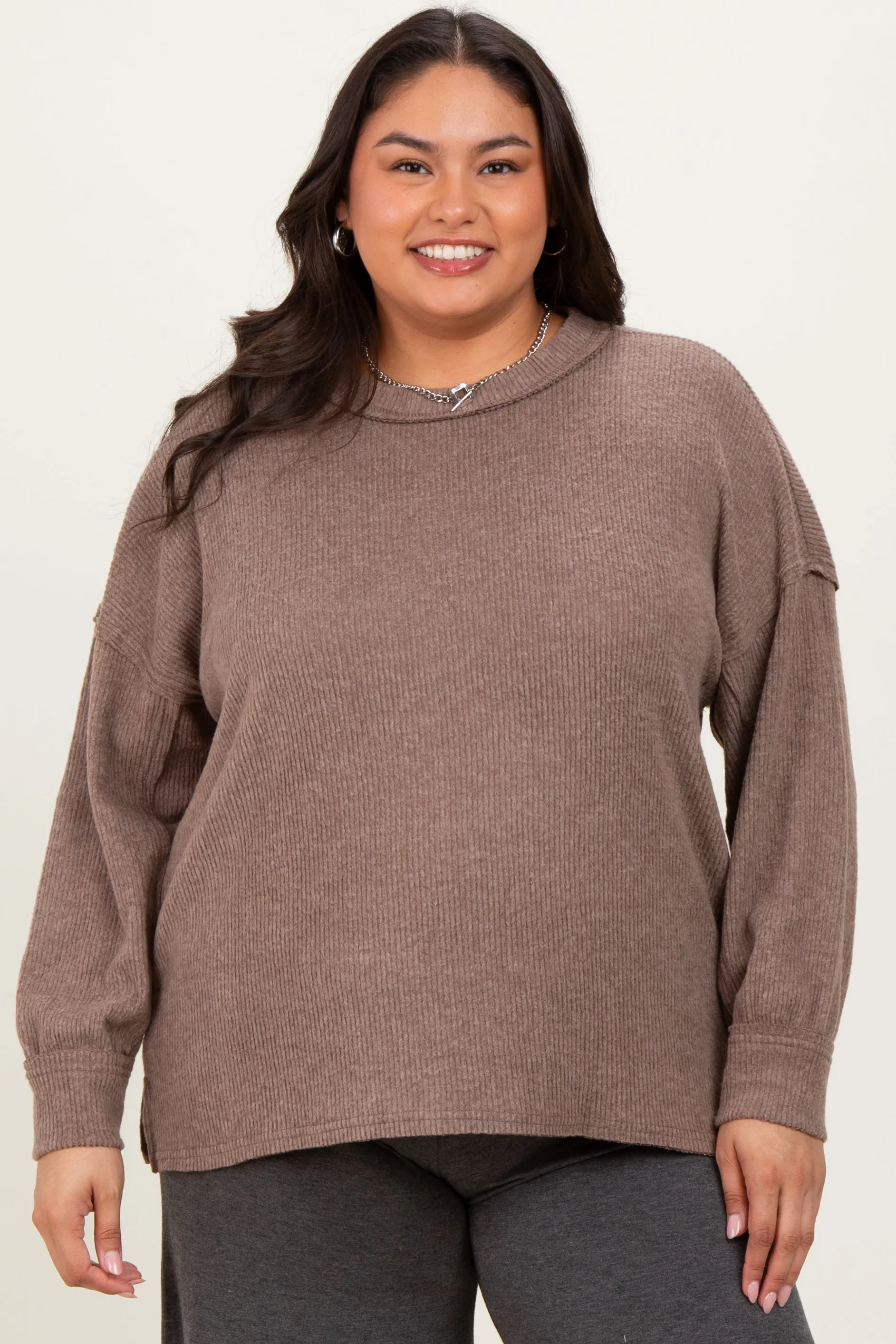 Mocha Brushed Ribbed Knit Plus Pullover sold by Pinkblush
