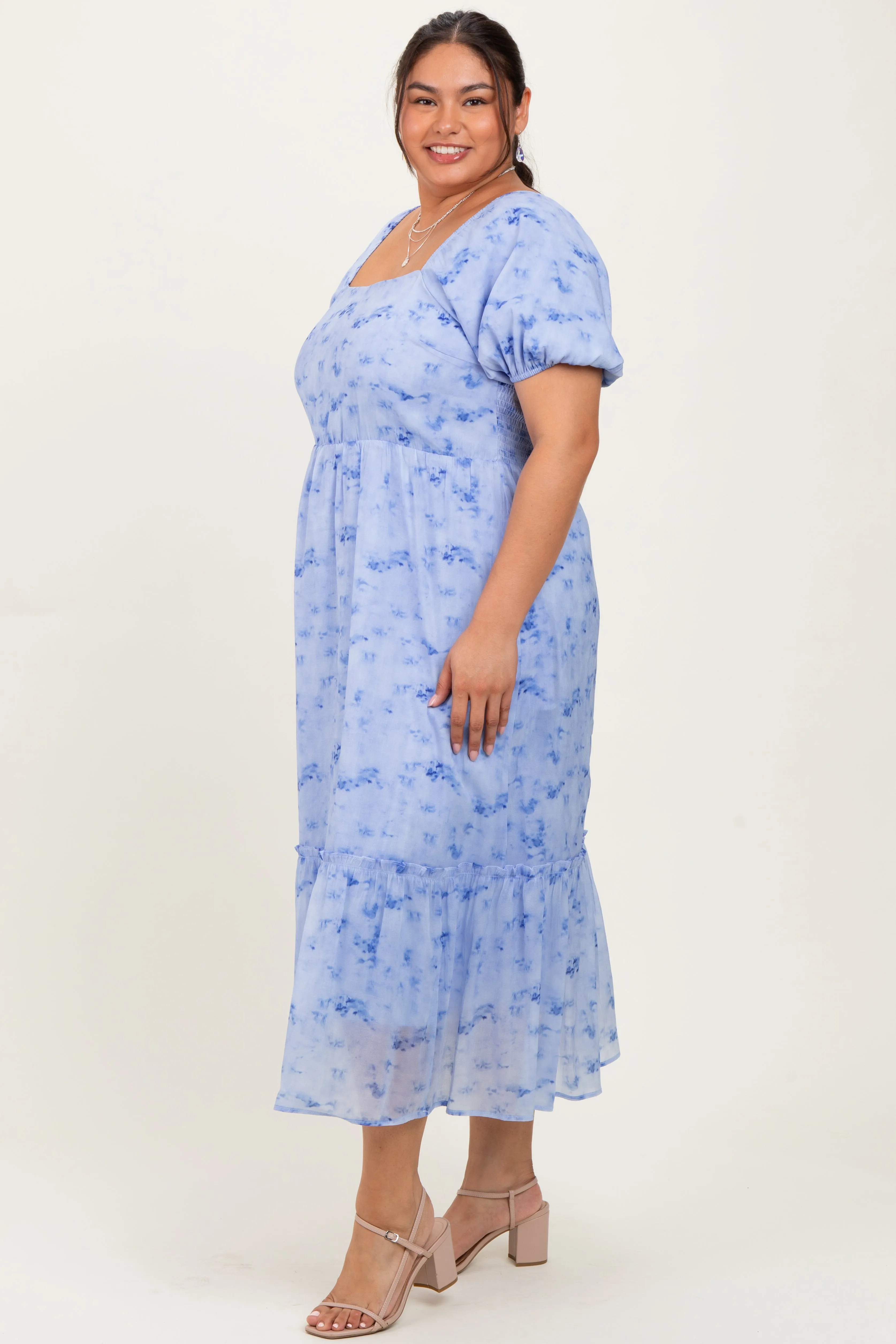 Blue Abstract Puff Sleeve Ruffle Detail Plus Midi Dress sold by Pinkblush product image thumbnail 3