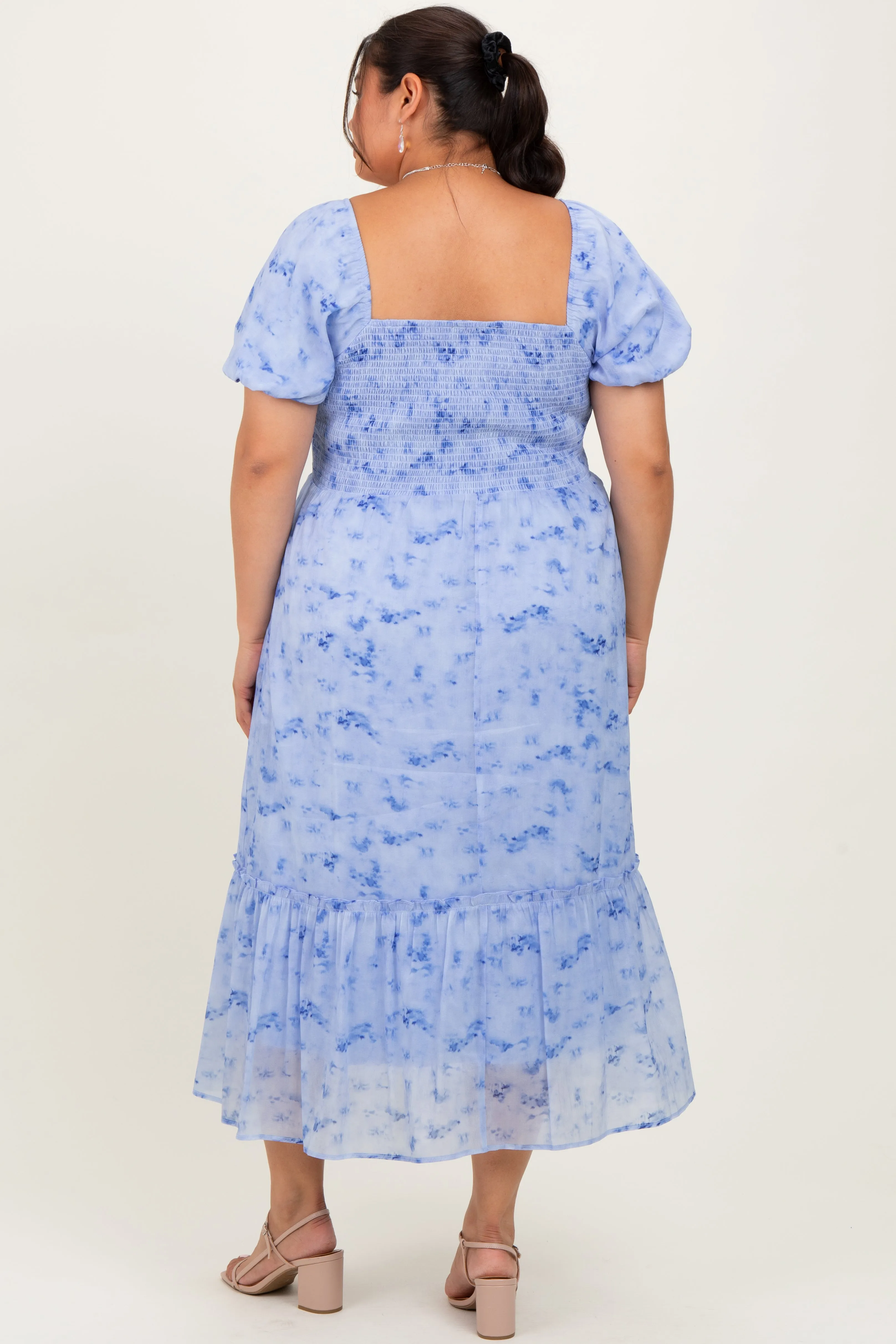 Blue Abstract Puff Sleeve Ruffle Detail Plus Midi Dress sold by Pinkblush product image thumbnail 4