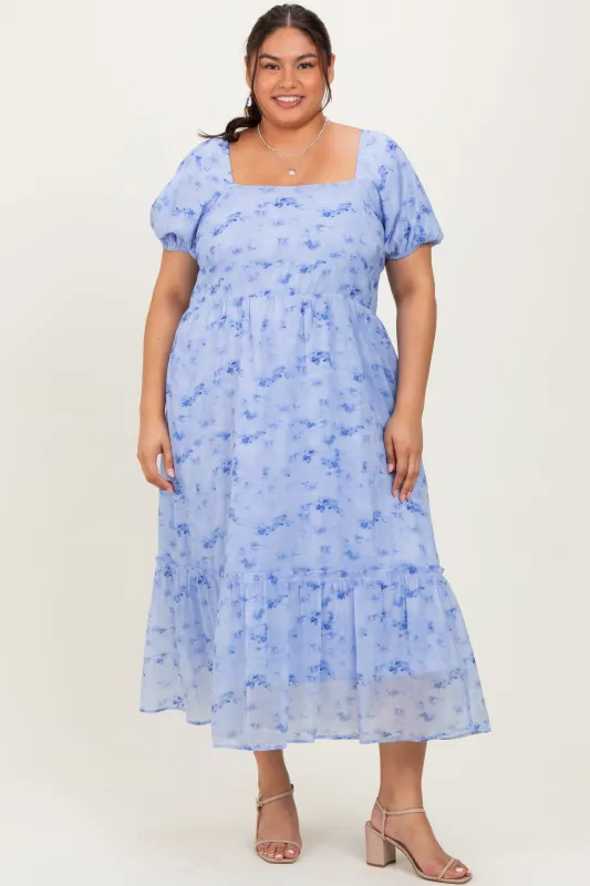 Blue Abstract Puff Sleeve Ruffle Detail Plus Midi Dress made by Davi & Dani
