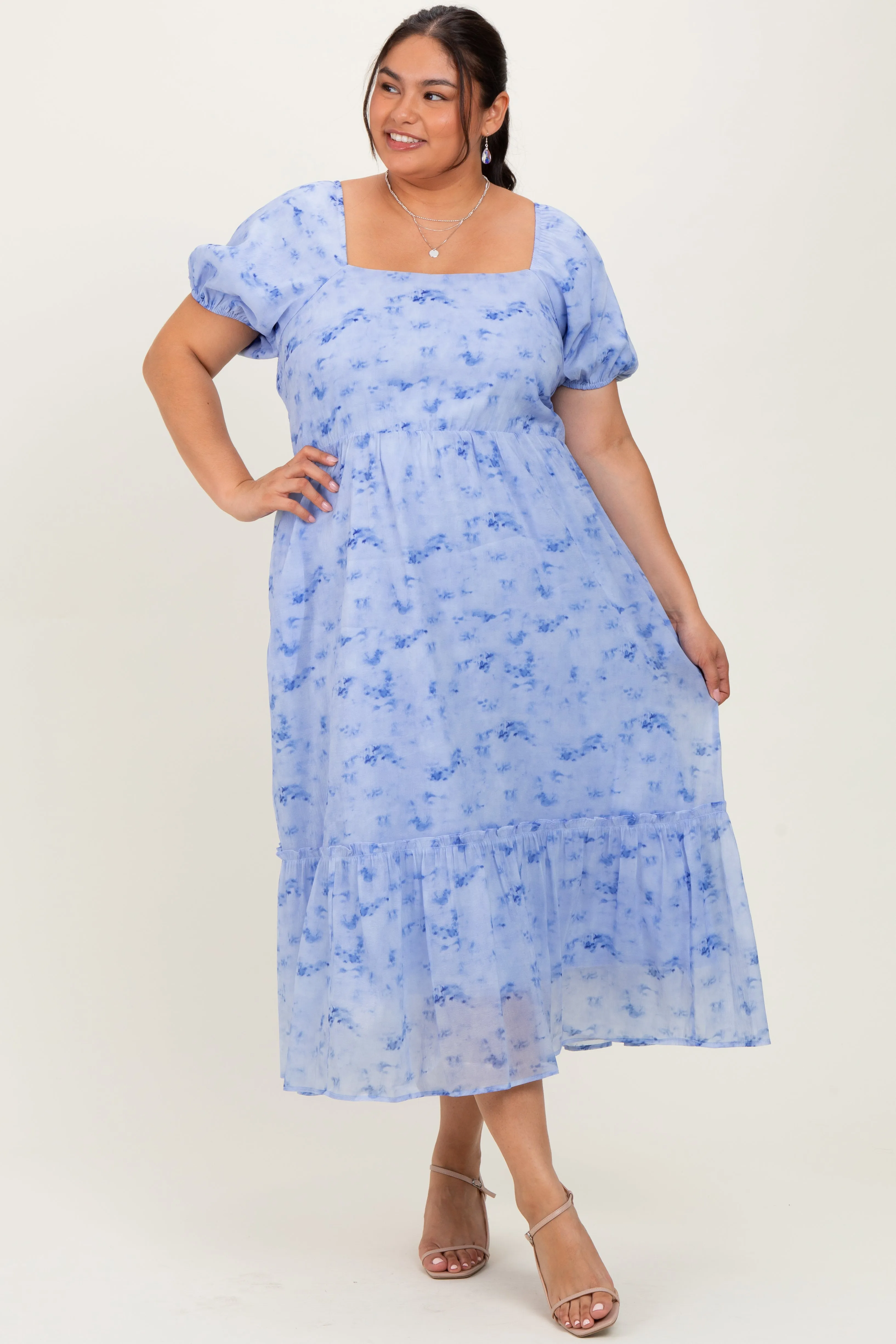 Blue Abstract Puff Sleeve Ruffle Detail Plus Midi Dress sold by Pinkblush product image thumbnail 2