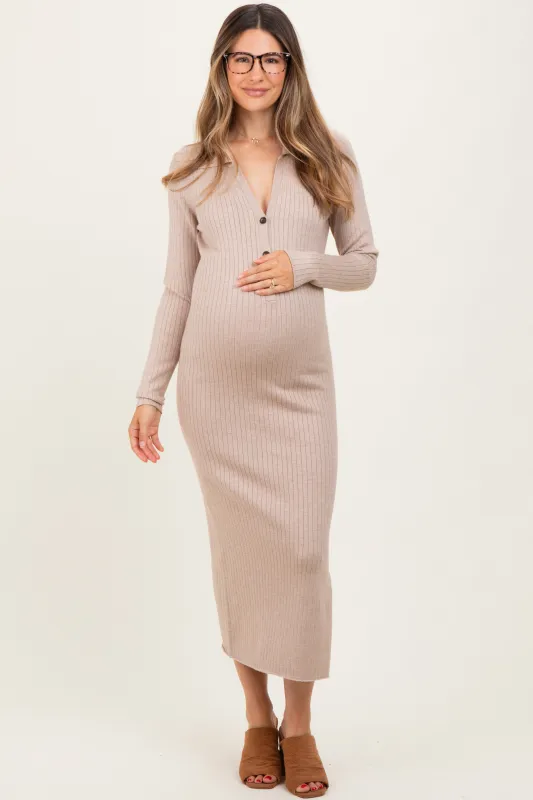 Beige Ribbed Knit Maternity Polo Sweater Dress sold by Pinkblush
