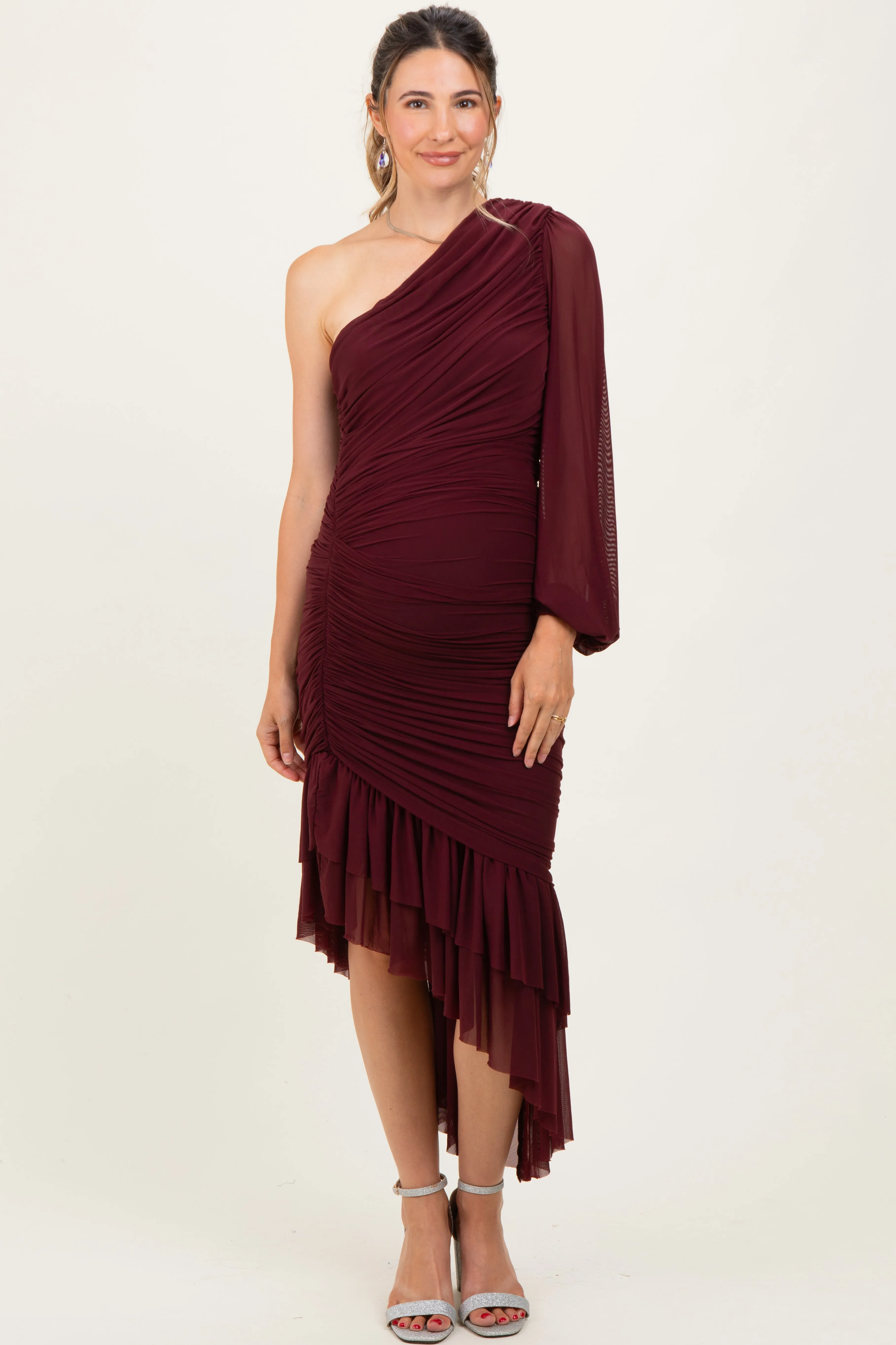 Dark Burgundy Mesh Ruched One Shoulder Asymmetric Maternity Dress sold by Pinkblush product image thumbnail 2