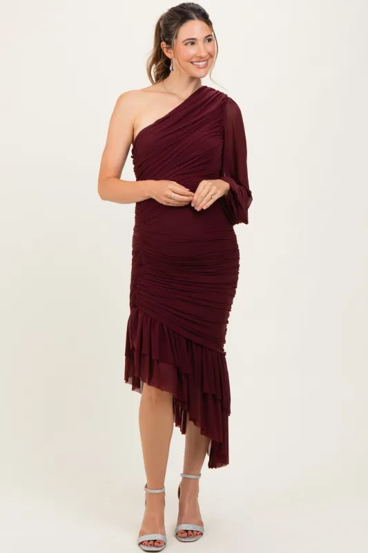 Dark Burgundy Mesh Ruched One Shoulder Asymmetric Maternity Dress sold by Pinkblush