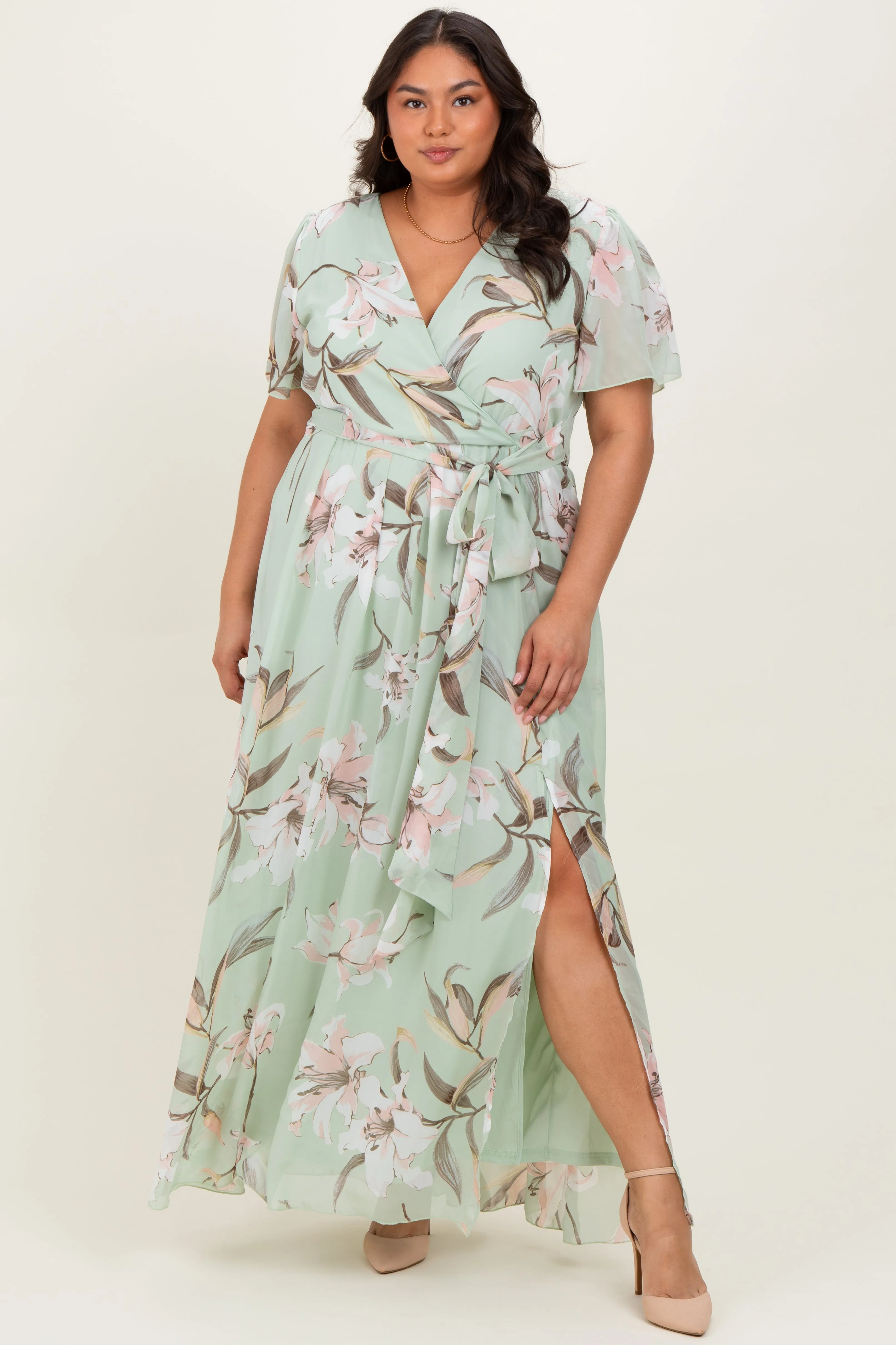 Light Olive Floral Chiffon Sash Tie Plus Maxi Dress sold by Pinkblush product image thumbnail 2