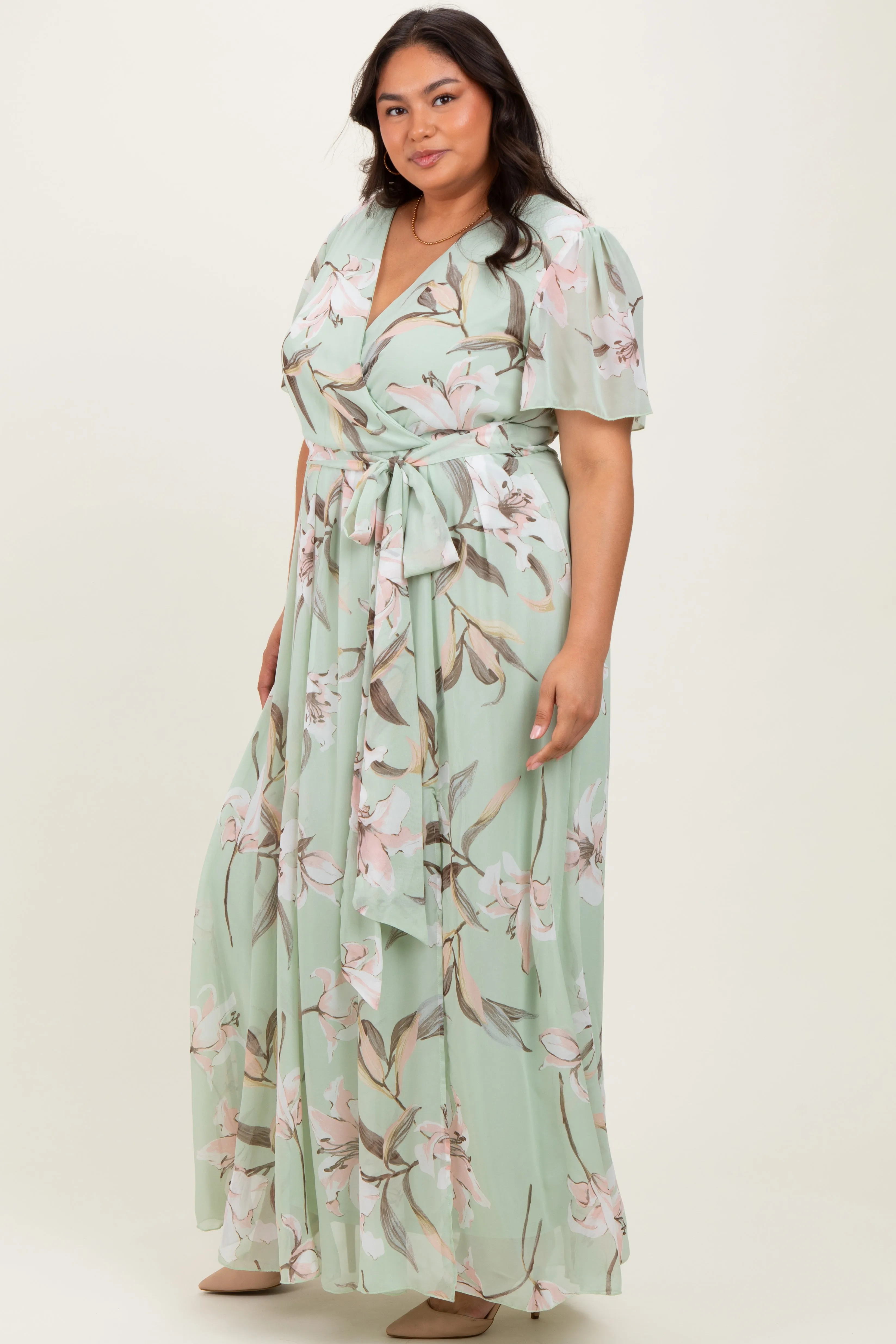 Light Olive Floral Chiffon Sash Tie Plus Maxi Dress sold by Pinkblush product image thumbnail 3