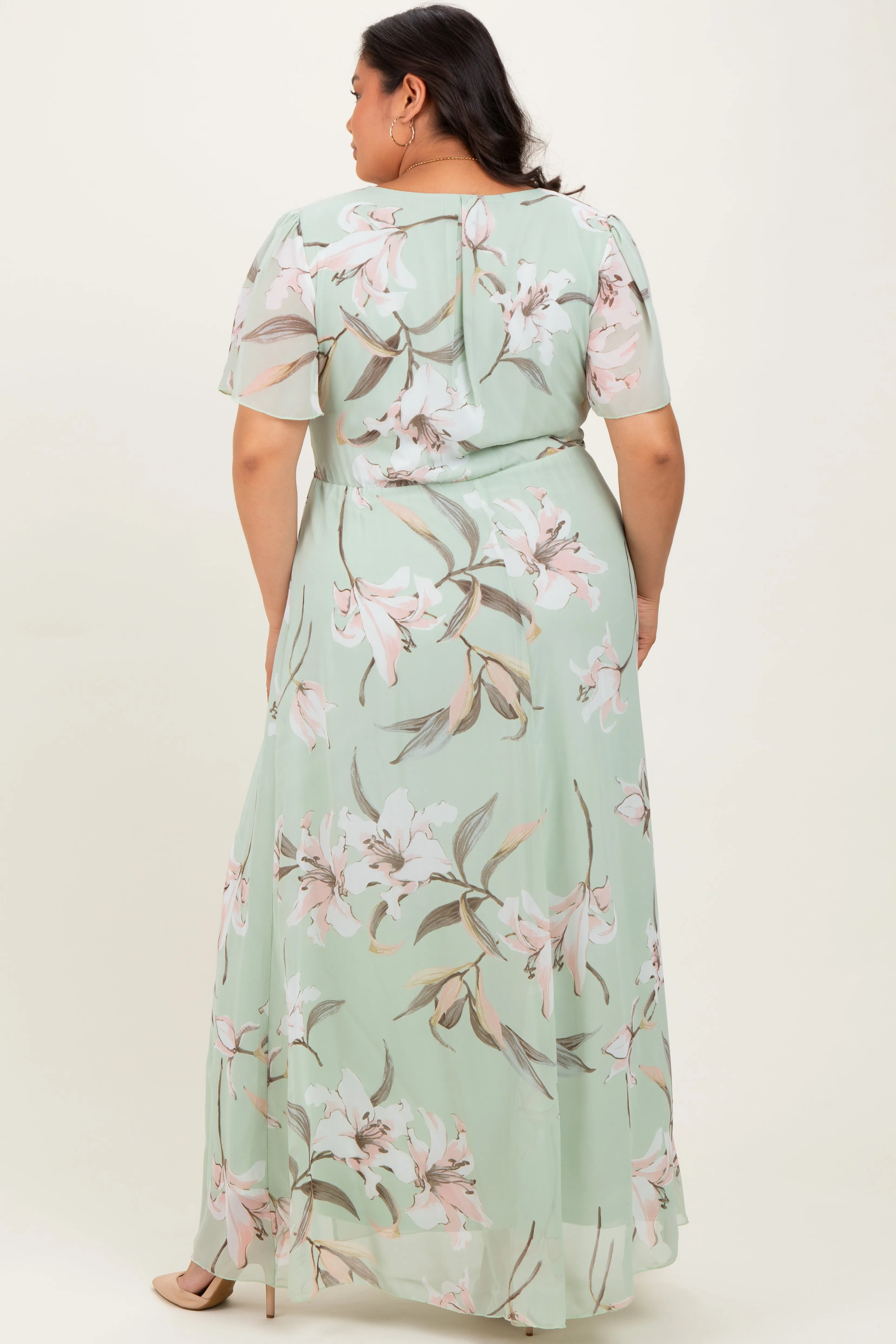 Light Olive Floral Chiffon Sash Tie Plus Maxi Dress sold by Pinkblush product image thumbnail 4