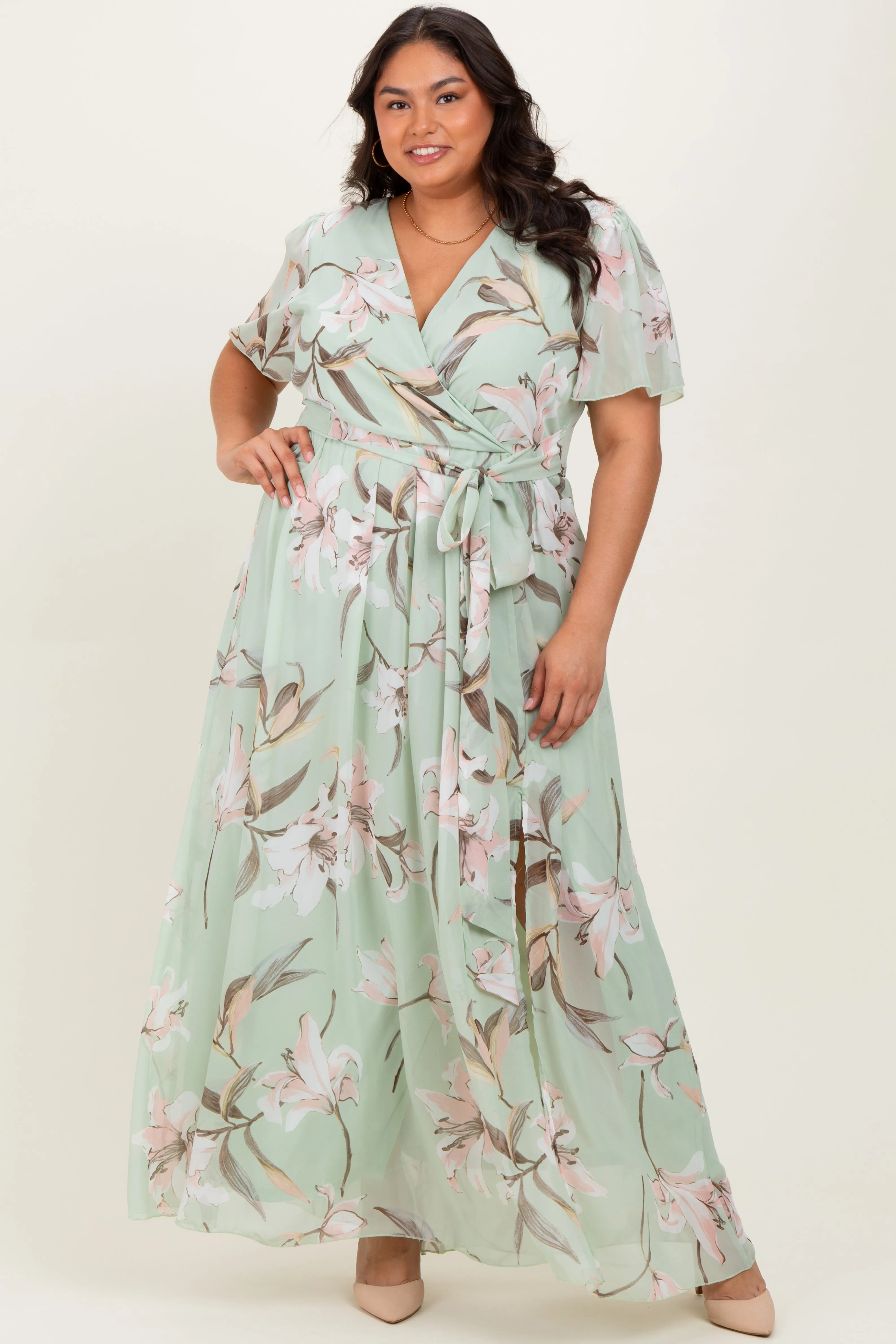 Light Olive Floral Chiffon Sash Tie Plus Maxi Dress sold by Pinkblush
