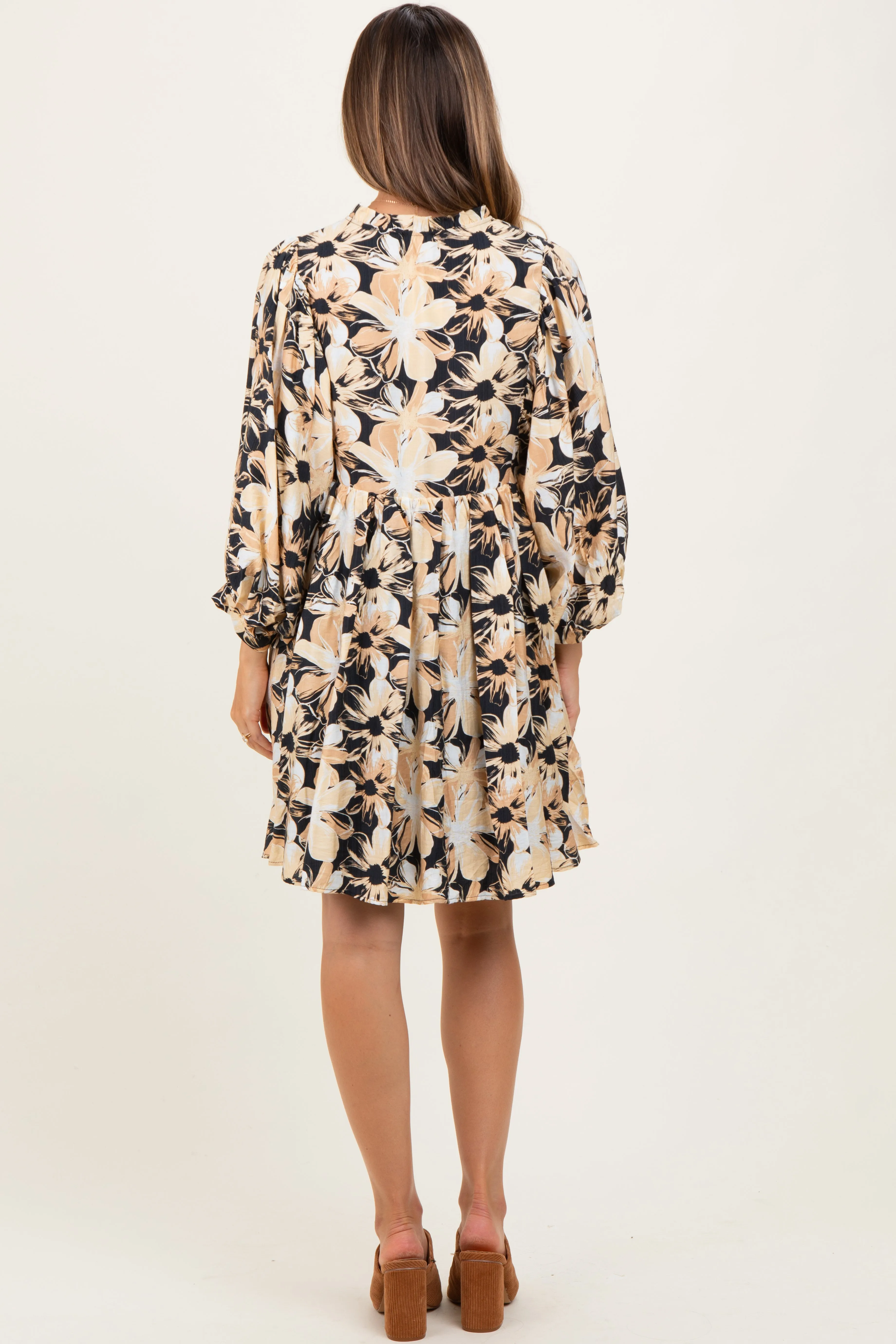 Black Floral Front Tie Bubble Sleeve Maternity Mini Dress sold by Pinkblush product image thumbnail 4