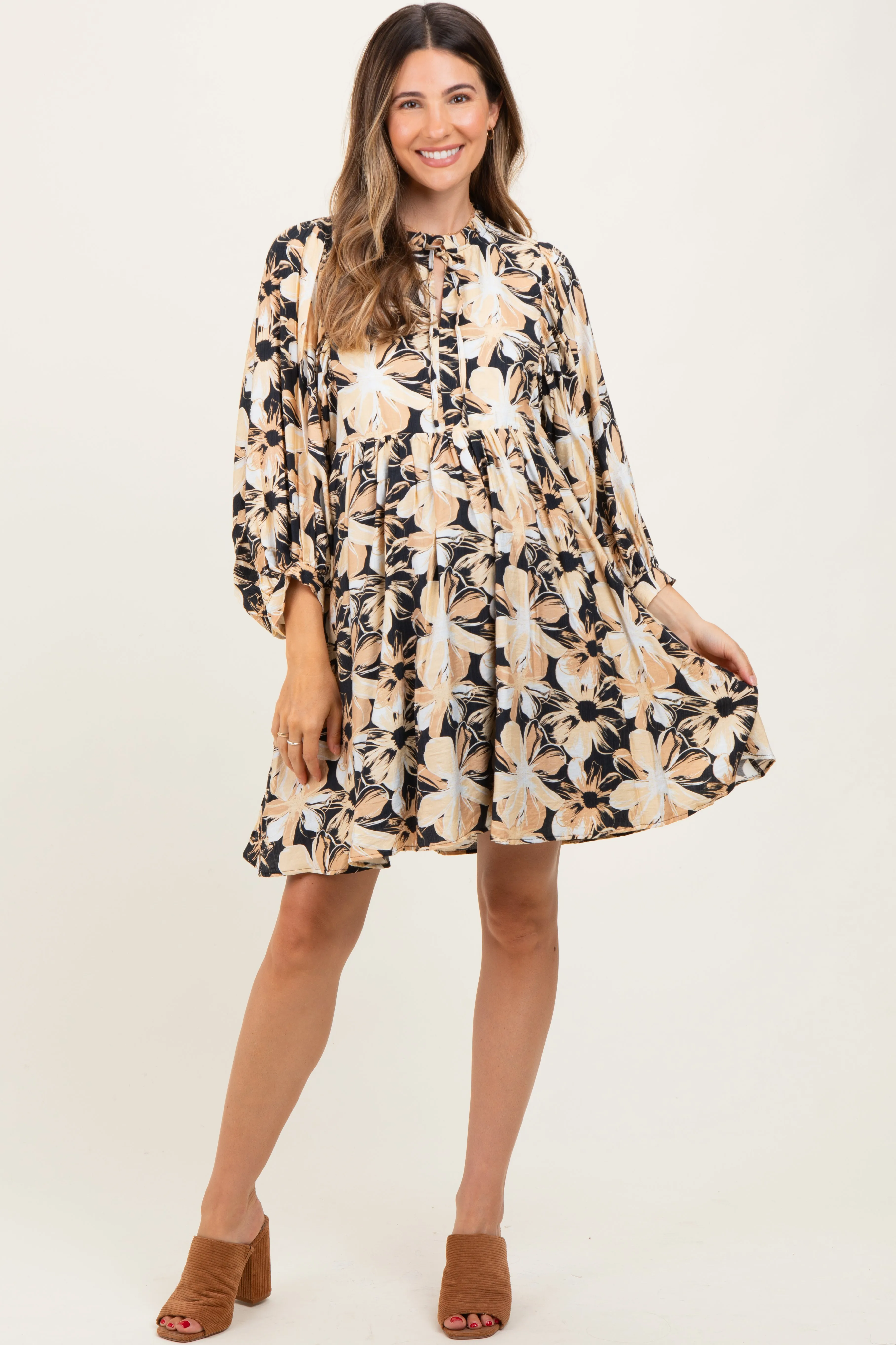 Black Floral Front Tie Bubble Sleeve Maternity Mini Dress sold by Pinkblush