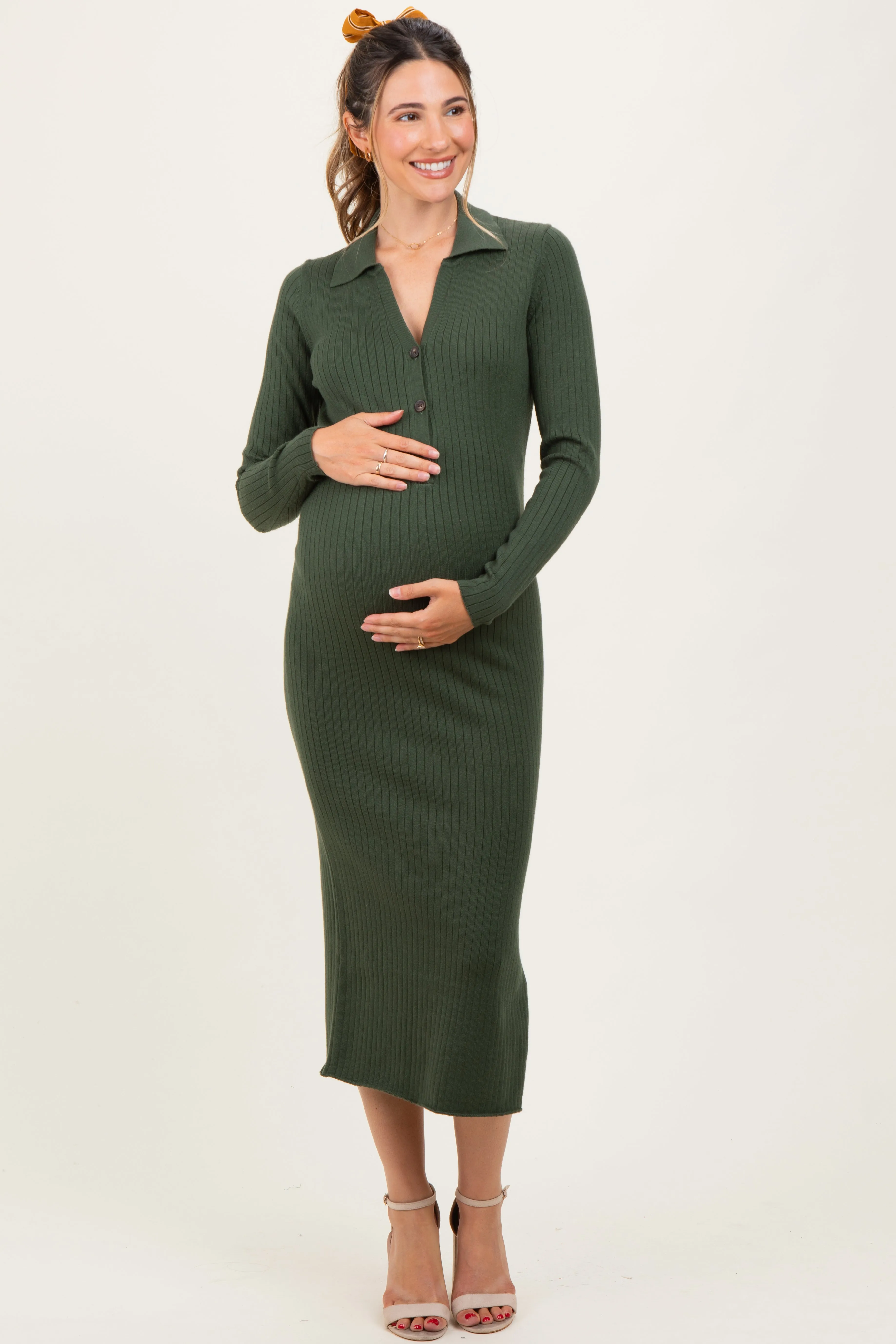 Olive Ribbed Knit Maternity Polo Sweater Dress sold by Pinkblush