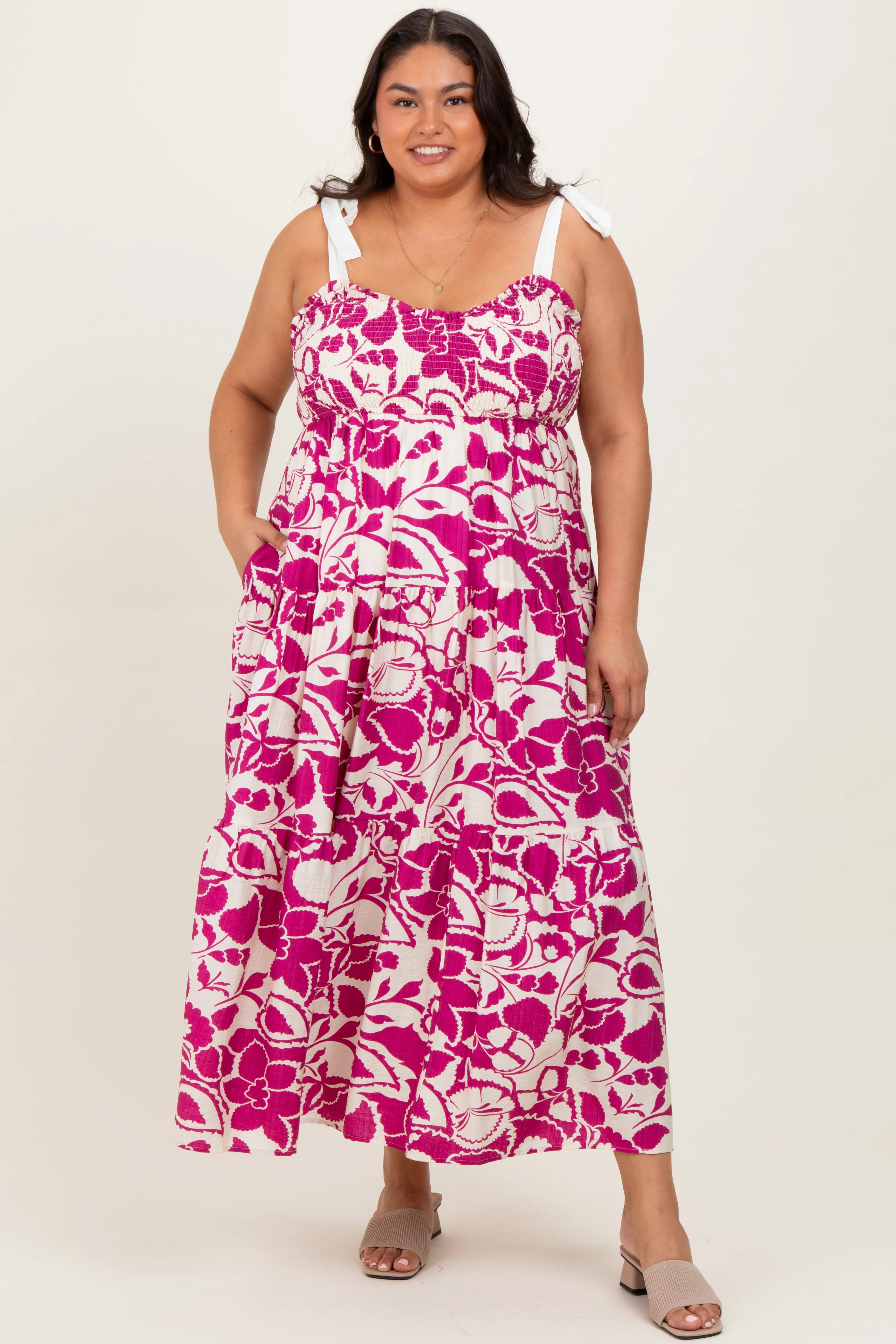 Fuchsia Floral Print Smocked Plus Maxi Dress sold by Pinkblush