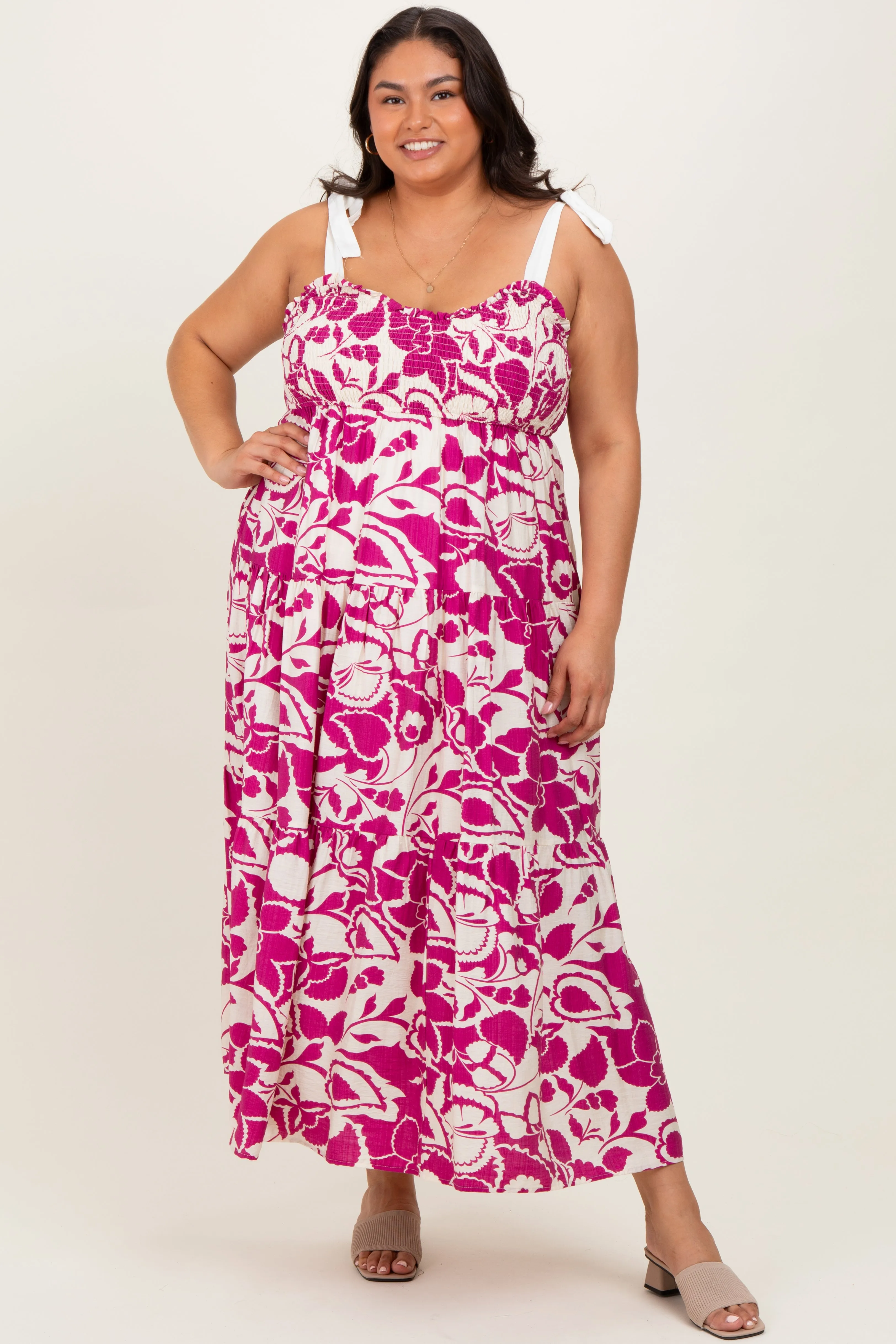 Fuchsia Floral Print Smocked Plus Maxi Dress sold by Pinkblush product image thumbnail 2